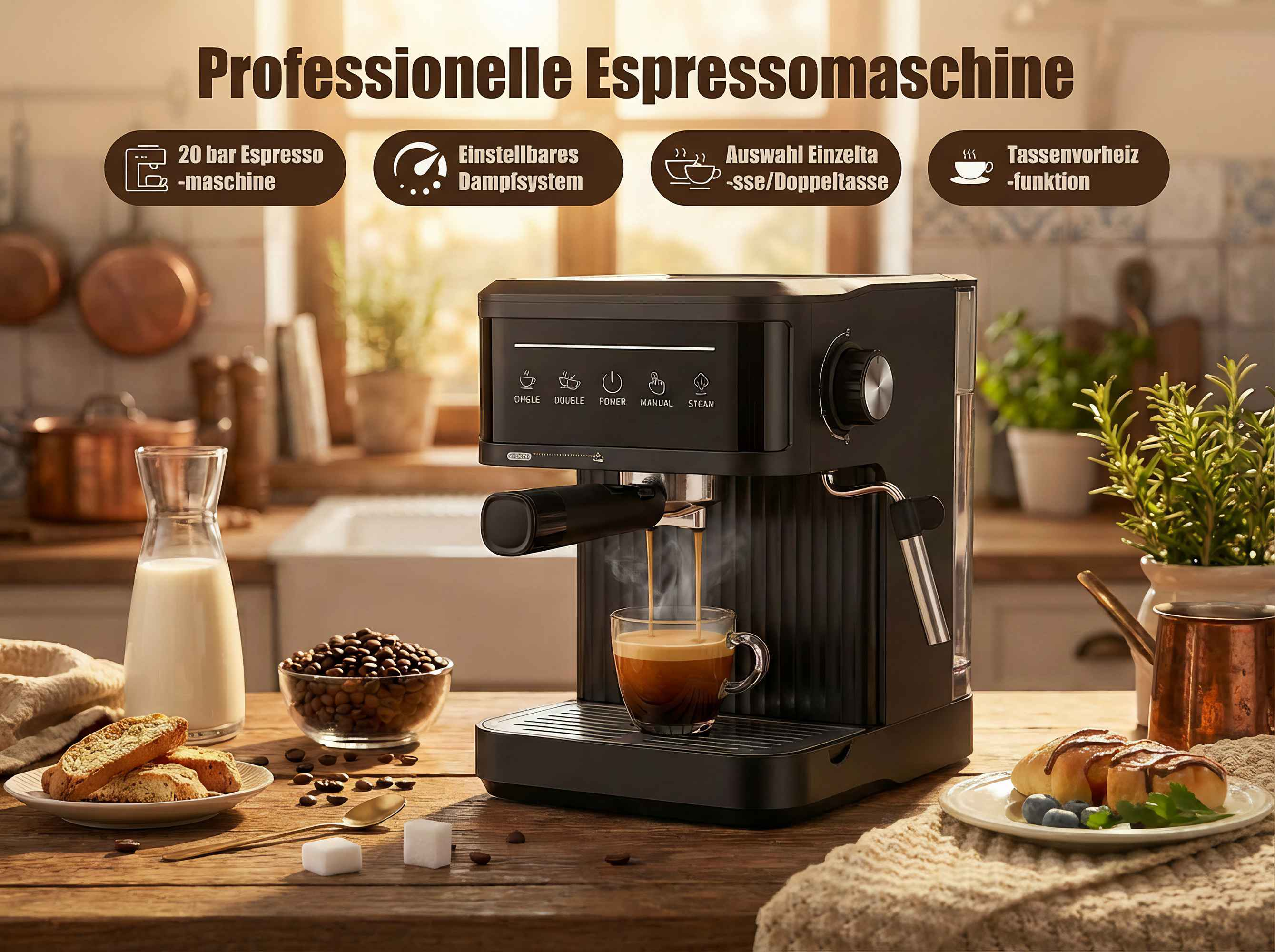 Eine schwarze Espressomaschine brüht Kaffee in eine Glastasse auf einer Holztheke, umgeben von Kaffeebohnen, Milch und Gebäck.