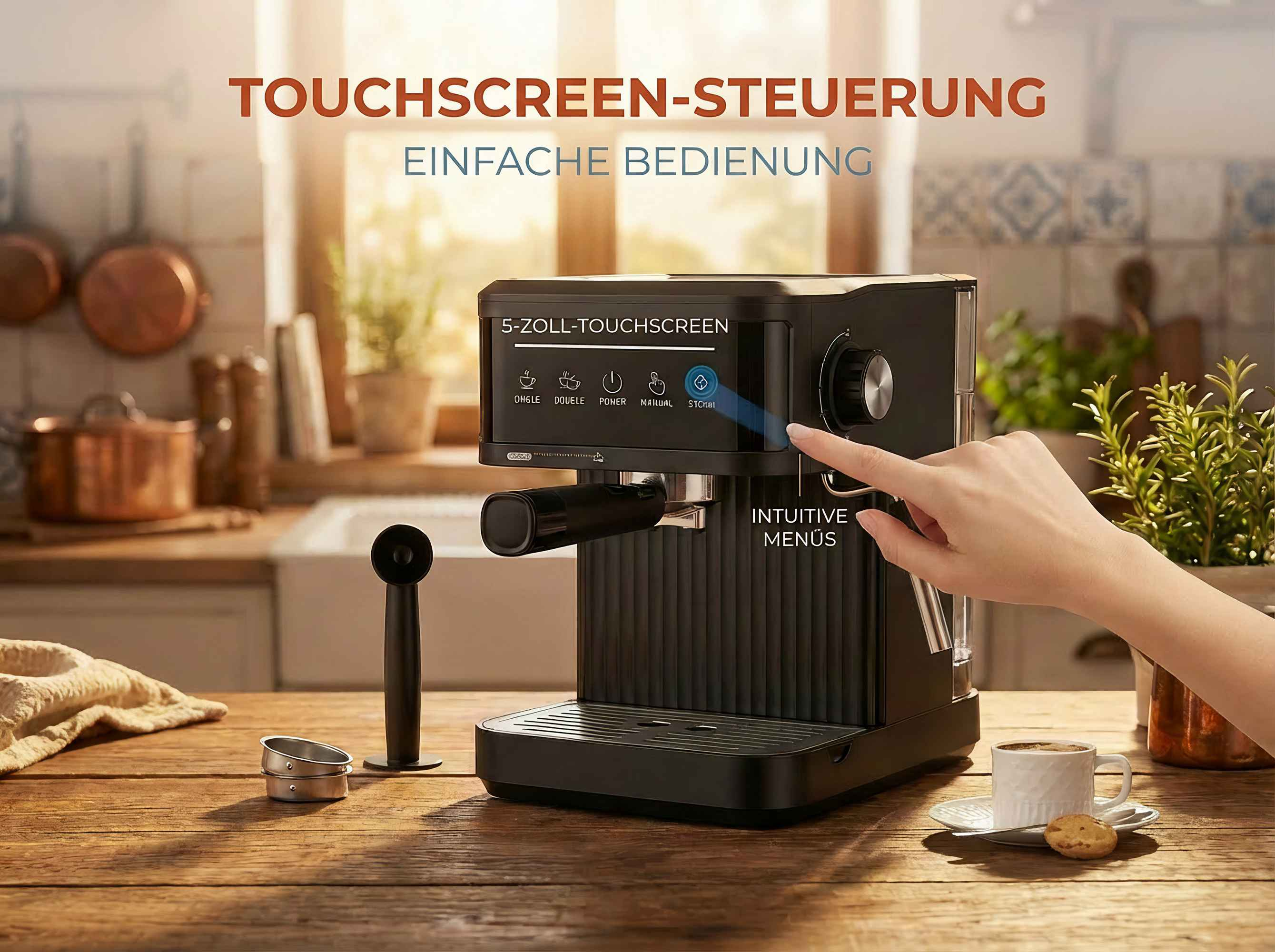 Eine Hand bedient eine schwarze Kaffeemaschine mit Touchscreen in einer Küche.