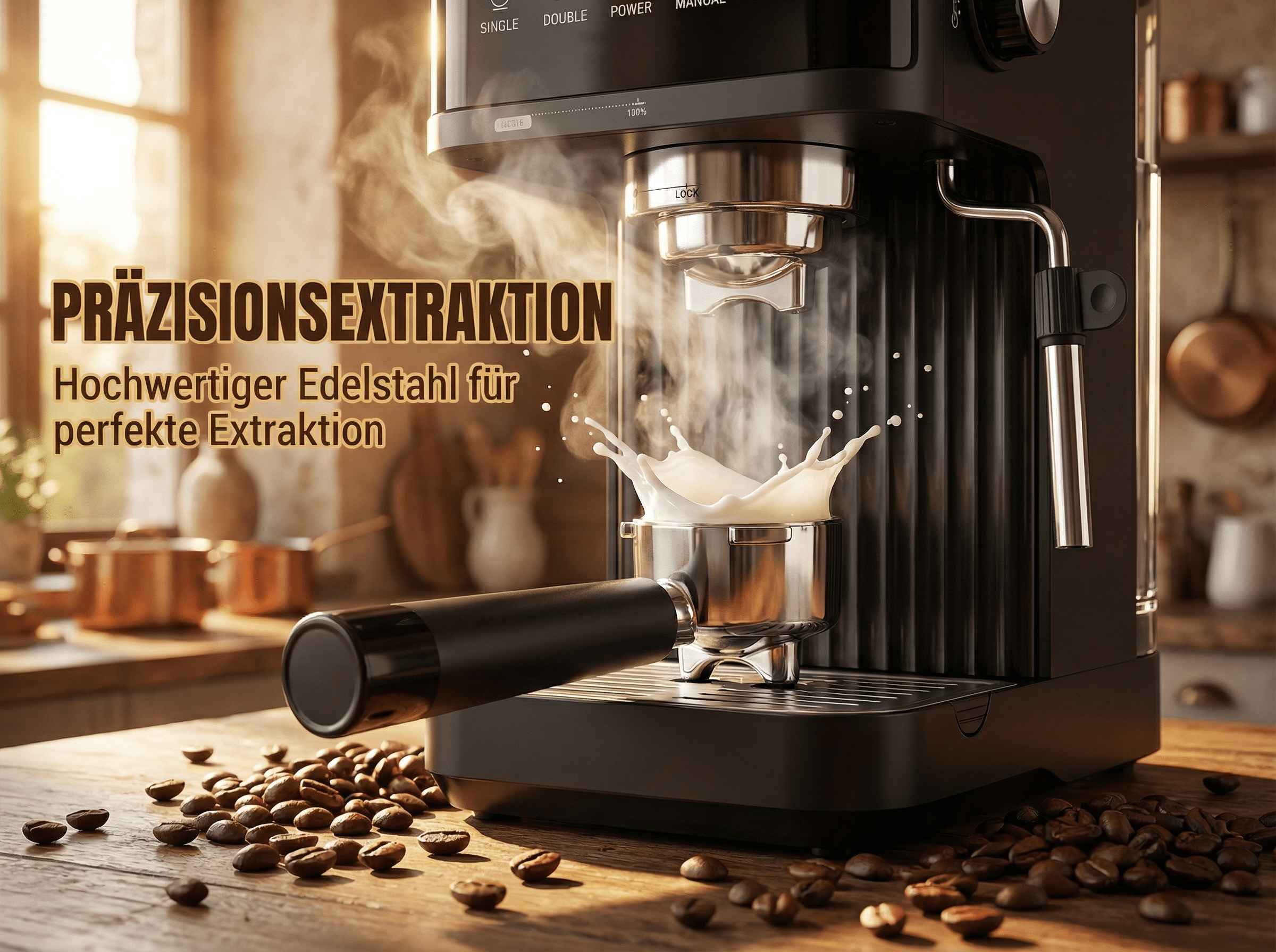 Eine schwarze Kaffeemaschine mit Siebträger, die einen Milchspritzer erzeugt, umgeben von Kaffeebohnen auf einem Holztisch.