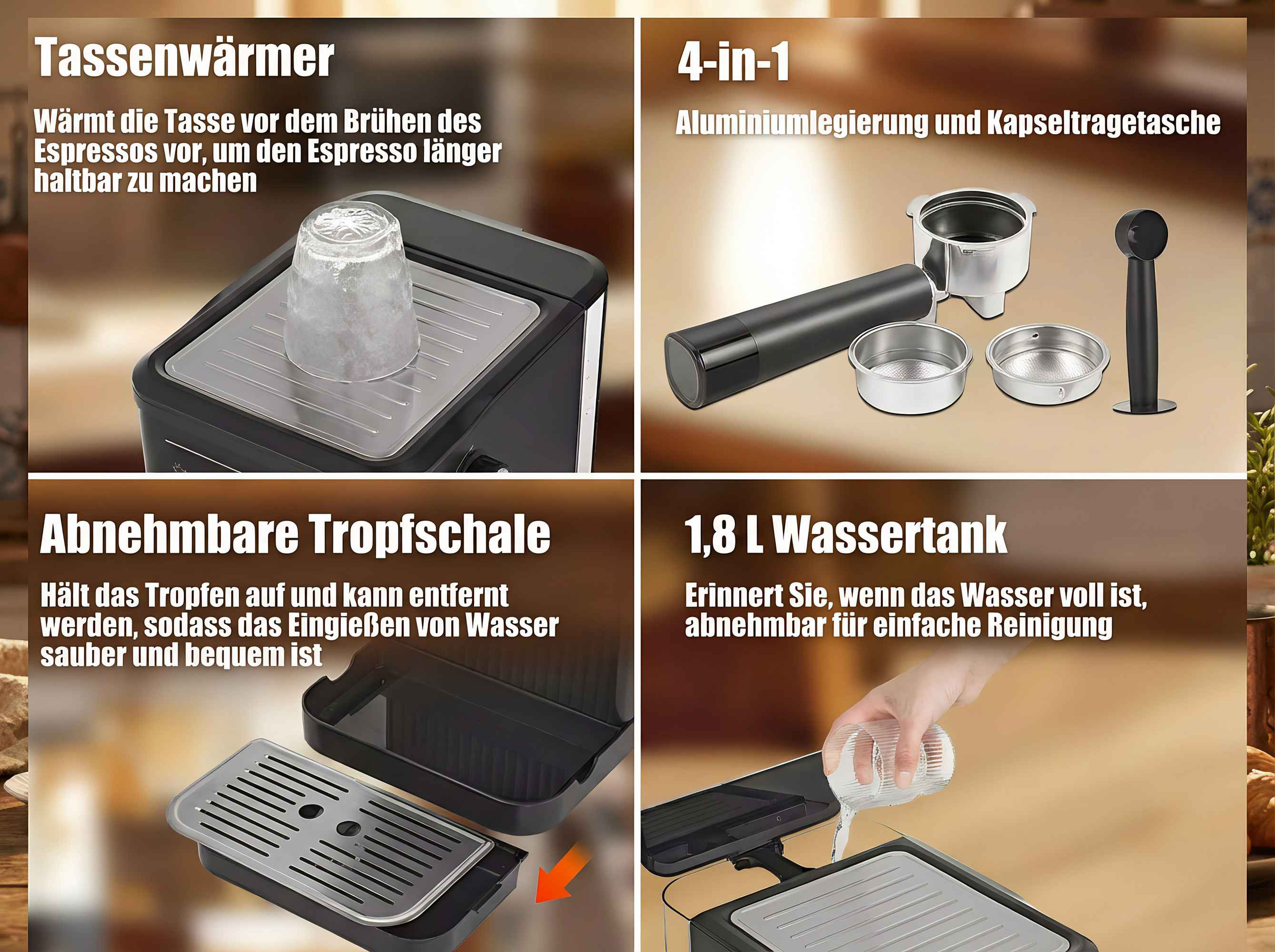 Tassenwärmer, 4-in-1 Zubehör, abnehmbare Tropfschale, 1,8L Wassertank.