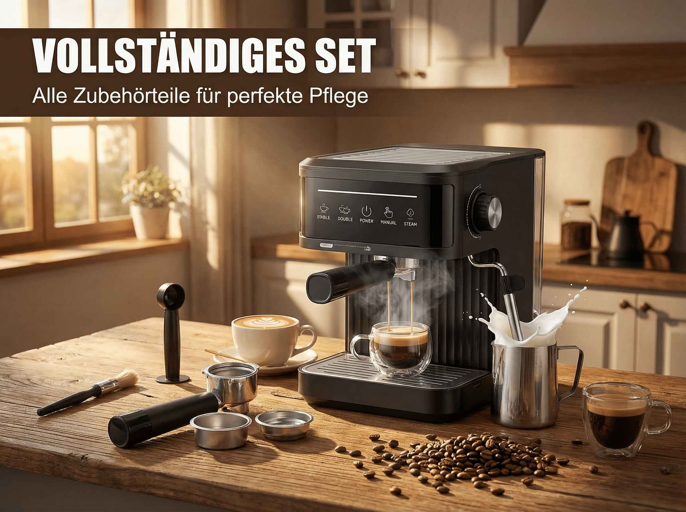 Espressomaschine macht Kaffee, Milch spritzt in Metallkrug. Kaffeebohnen liegen auf dem Tisch.