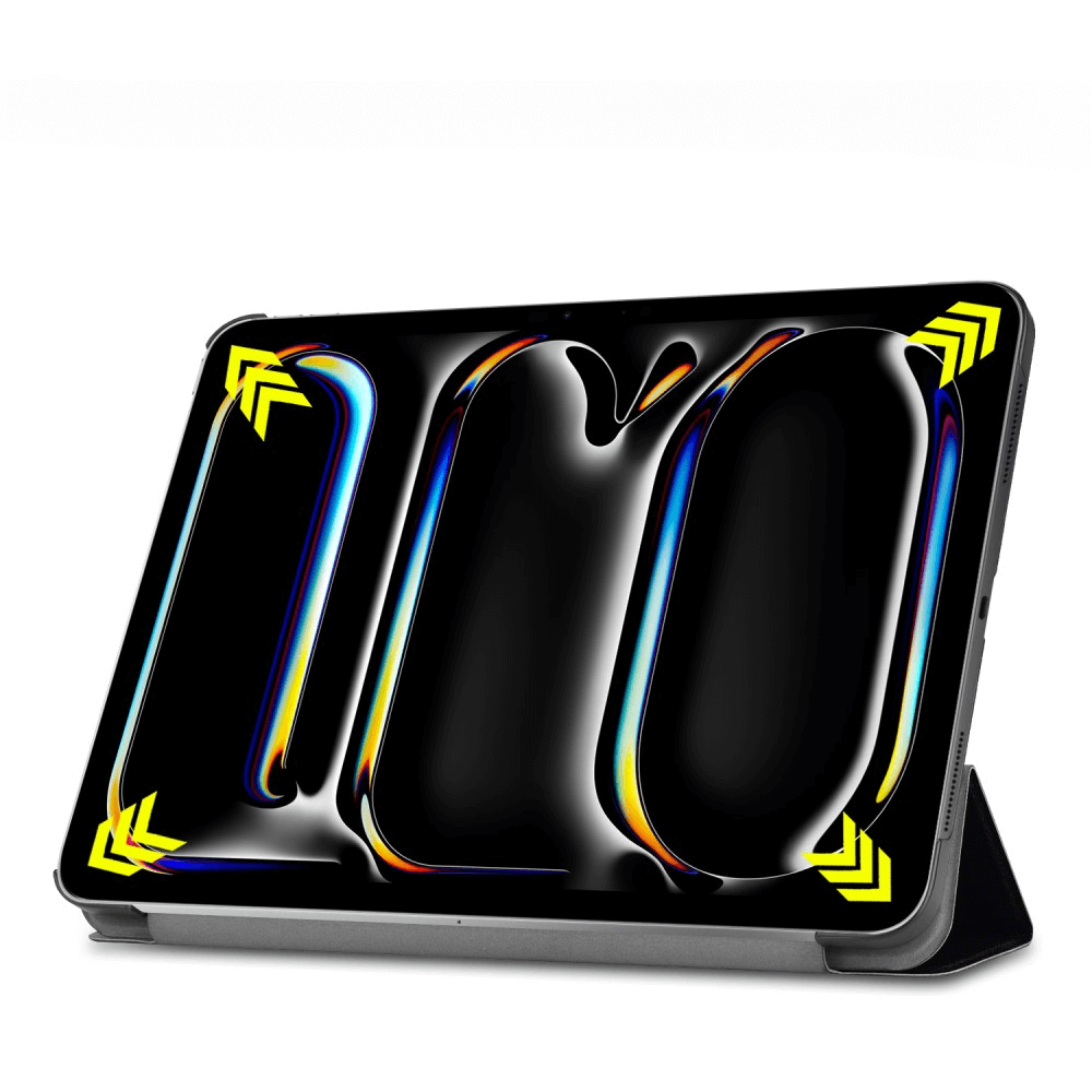 Ein Tablet mit einem stilisierten Design aus gelben Pfeilen und Neonlichtern auf schwarzem Hintergrund.