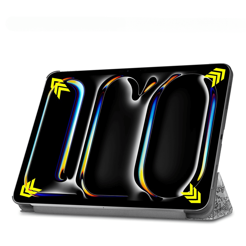 Ein Tablet mit einem abstrakten, neonfarbenen Muster auf schwarzem Hintergrund.