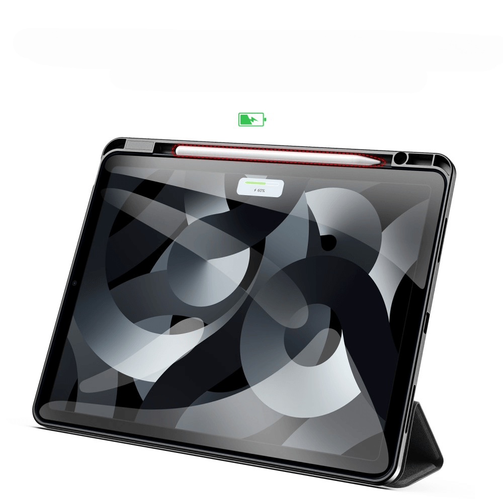Ein Tablet in schwarzer Hülle, mit magnetisch befestigtem Stift, zeigt 60% Akku.