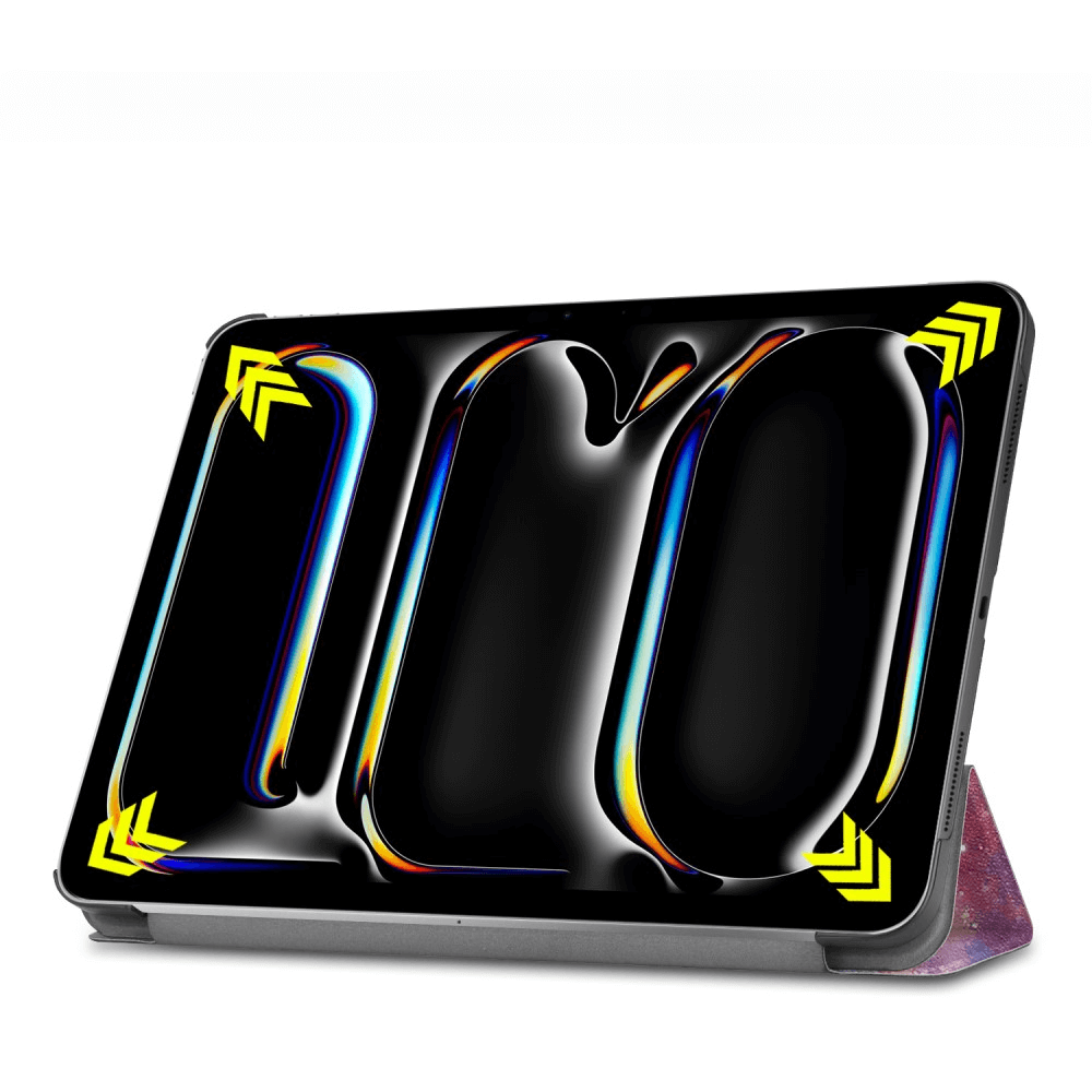 Ein Tablet mit einem abstrakten, schwarzen Design mit bunten Linien und Pfeilen.