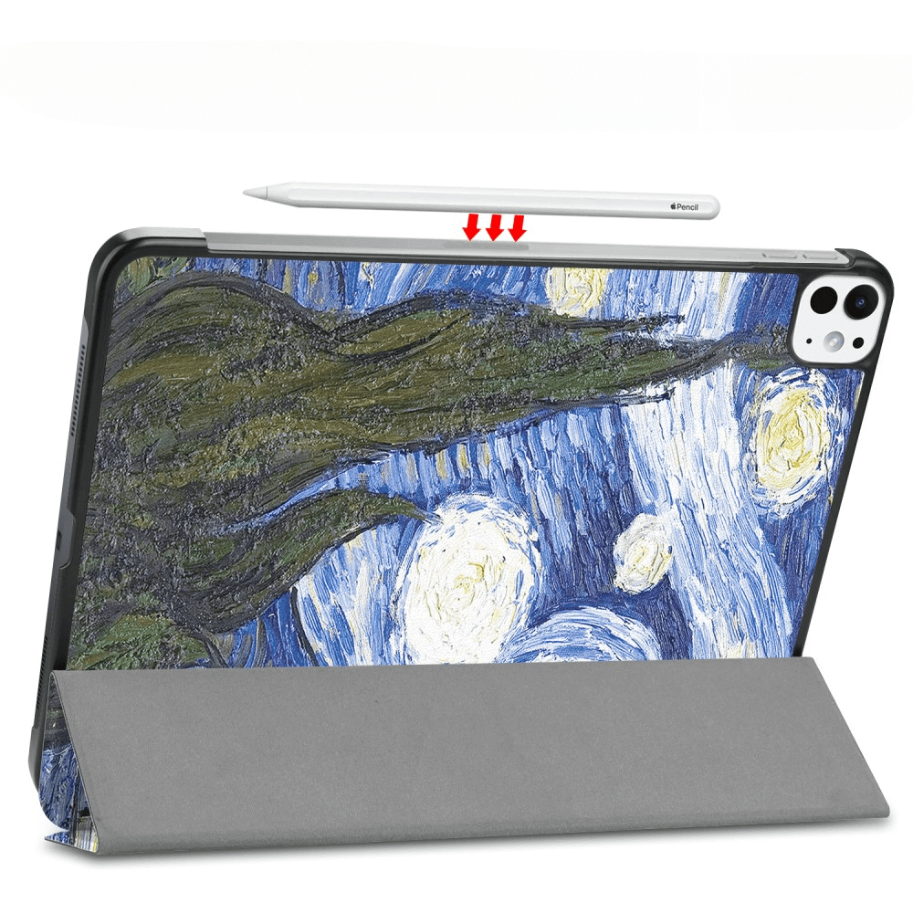 Tablet in einer Hülle mit Sternennacht-Design, aufgestellt mit einem grauen Ständer. Ein Apple Pencil schwebt darüber.