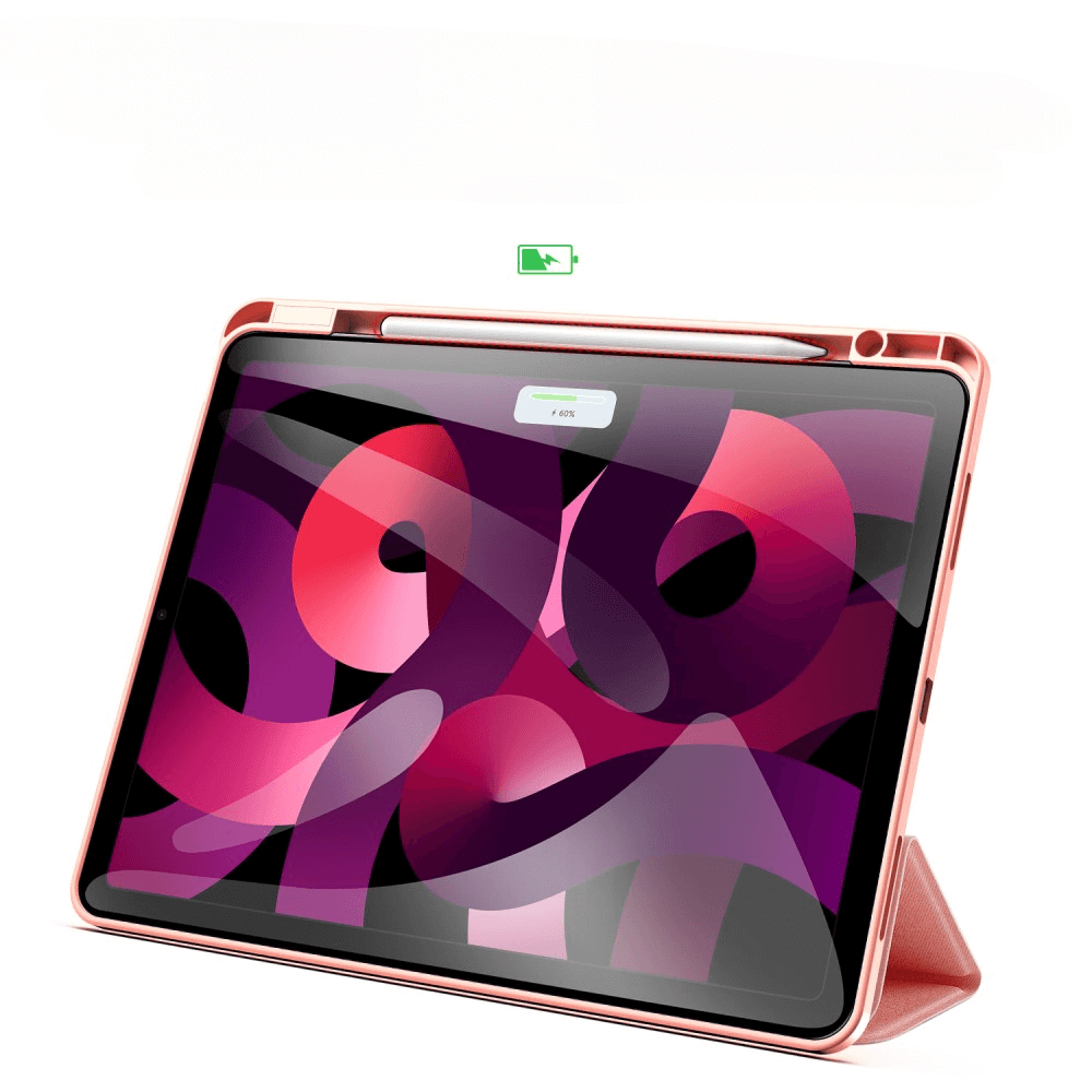 Ein roségoldenes Tablet mit Stift und lila Hintergrund. Batterieanzeige 60%.
