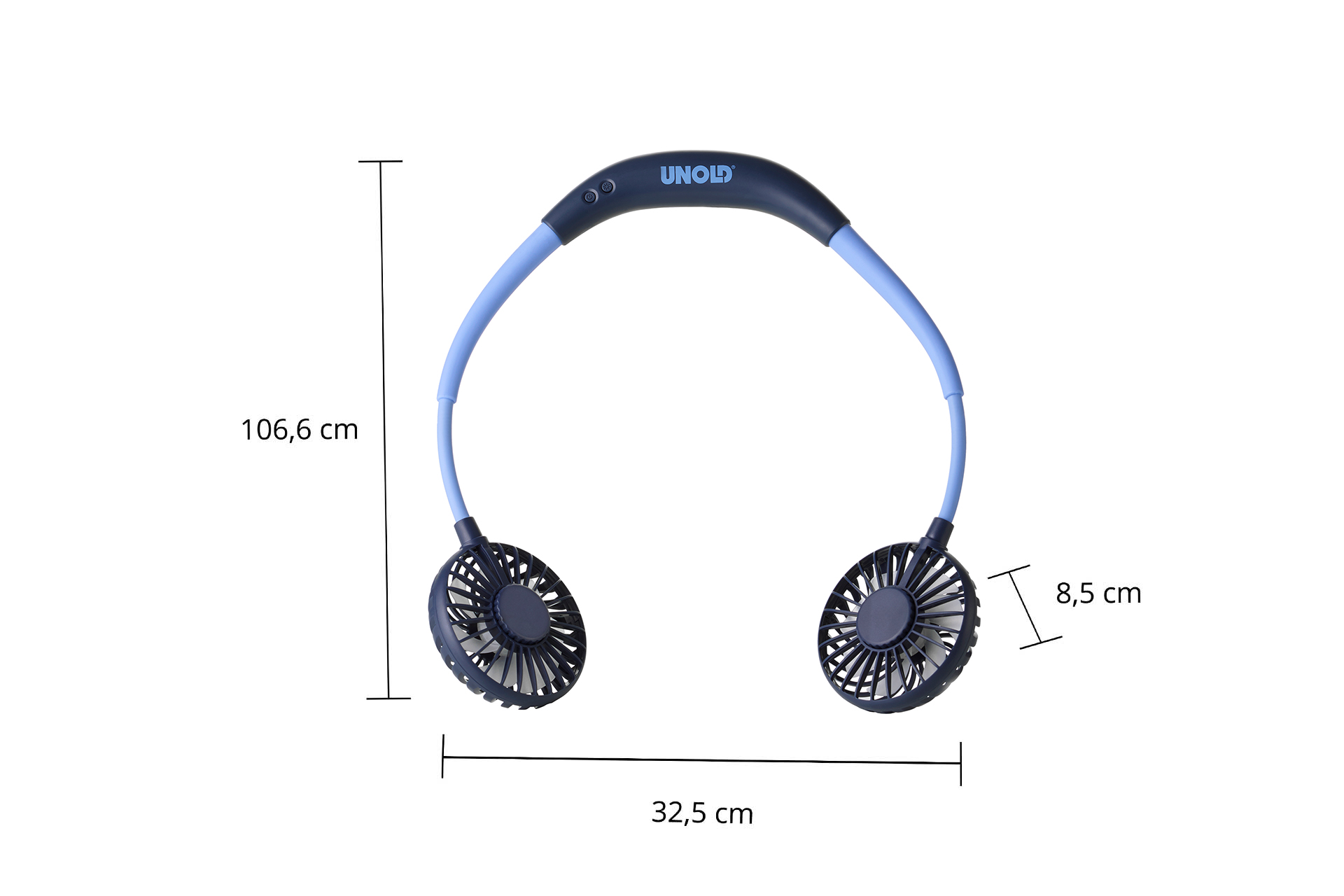 Ein blauer Nackenventilator mit zwei Lüftern und dem UNOLD-Logo.