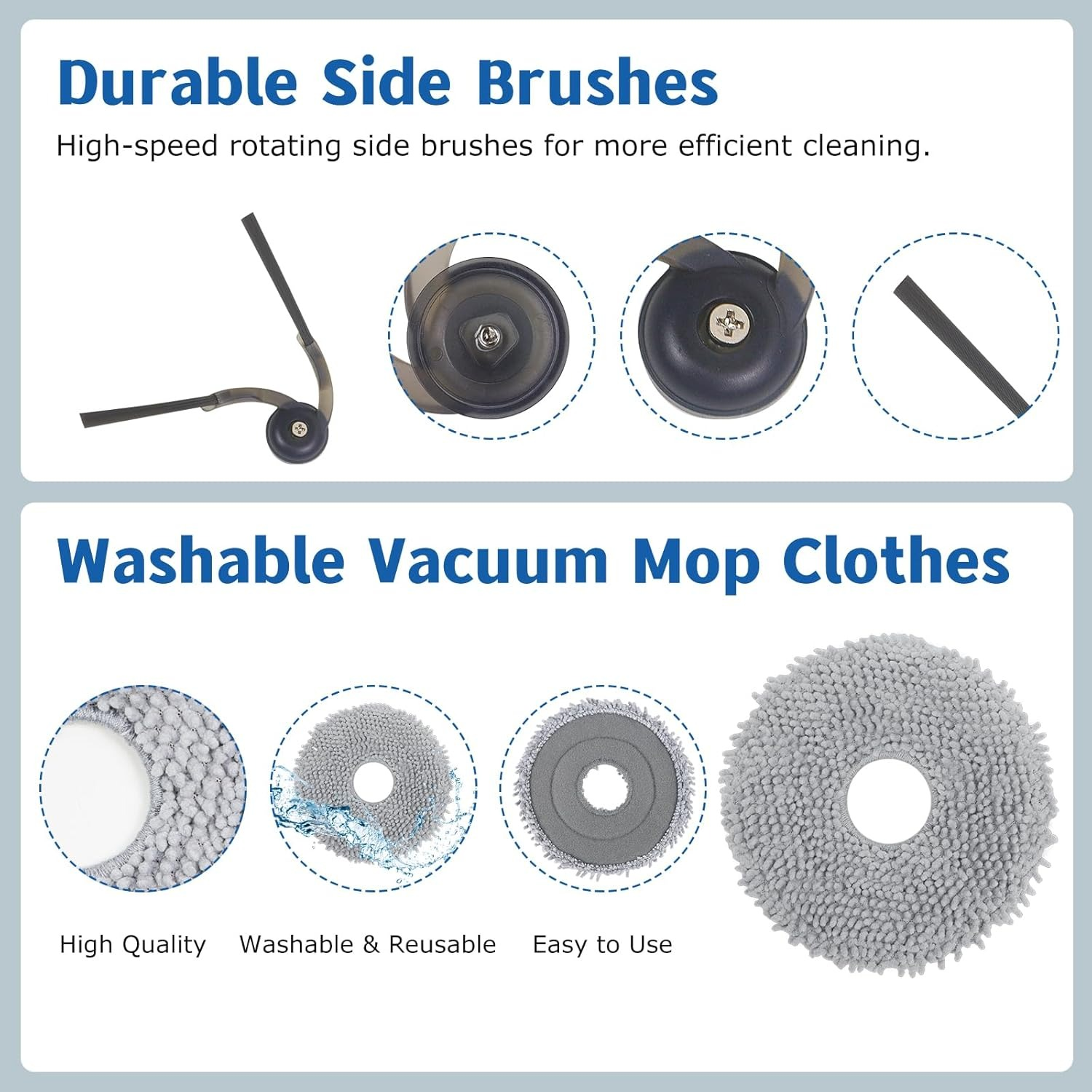 Szczotki boczne i zmywalne mopy do odkurzacza.