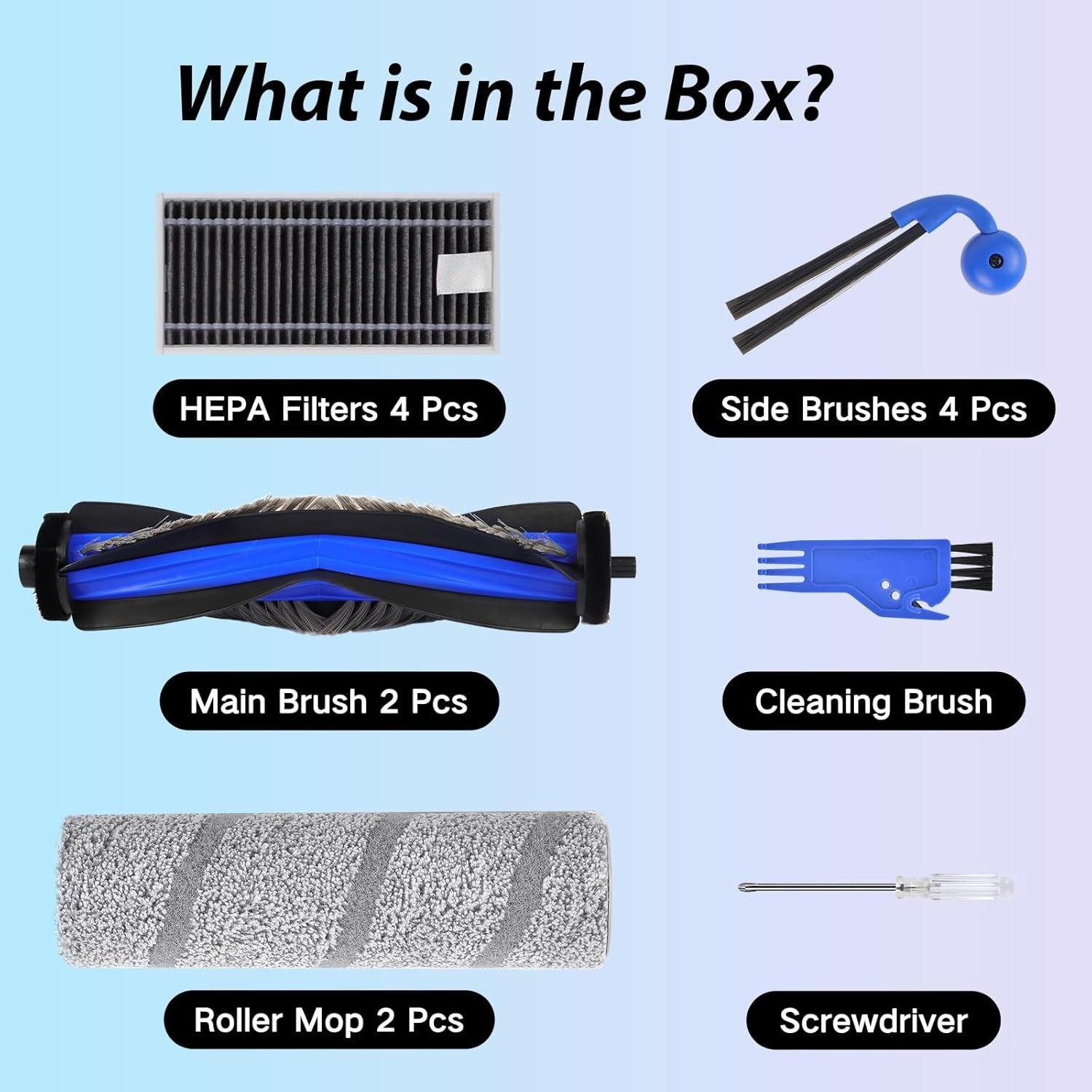 Boxinhalt: HEPA-Filter, Seitenbürsten, Hauptbürste, Reinigungsbürste, Rollmopp, Schraubendreher.