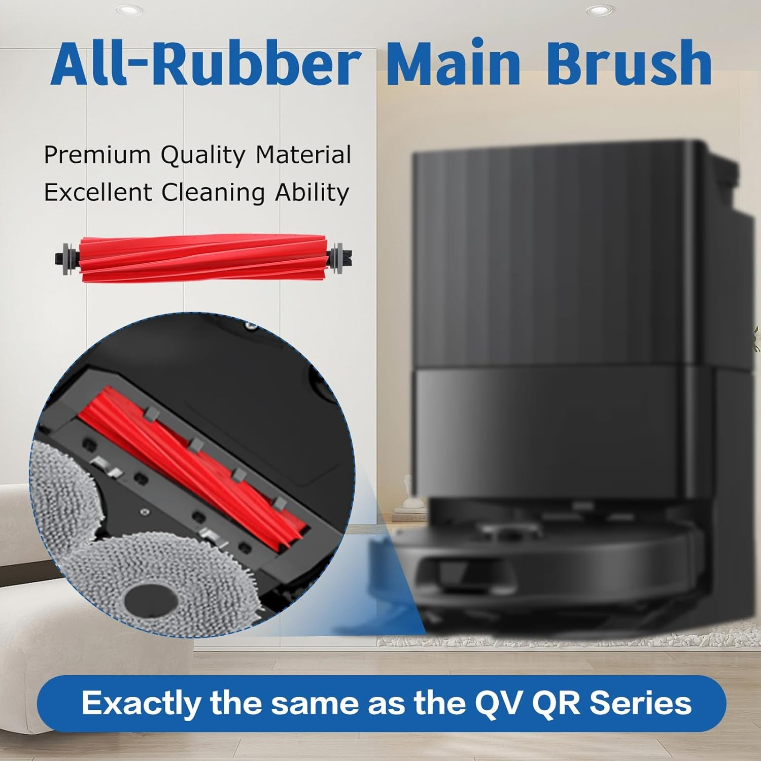 Czarny robot sprzątający z czerwonym modułem szczotki głównej, szczegółowy zbliżenie.