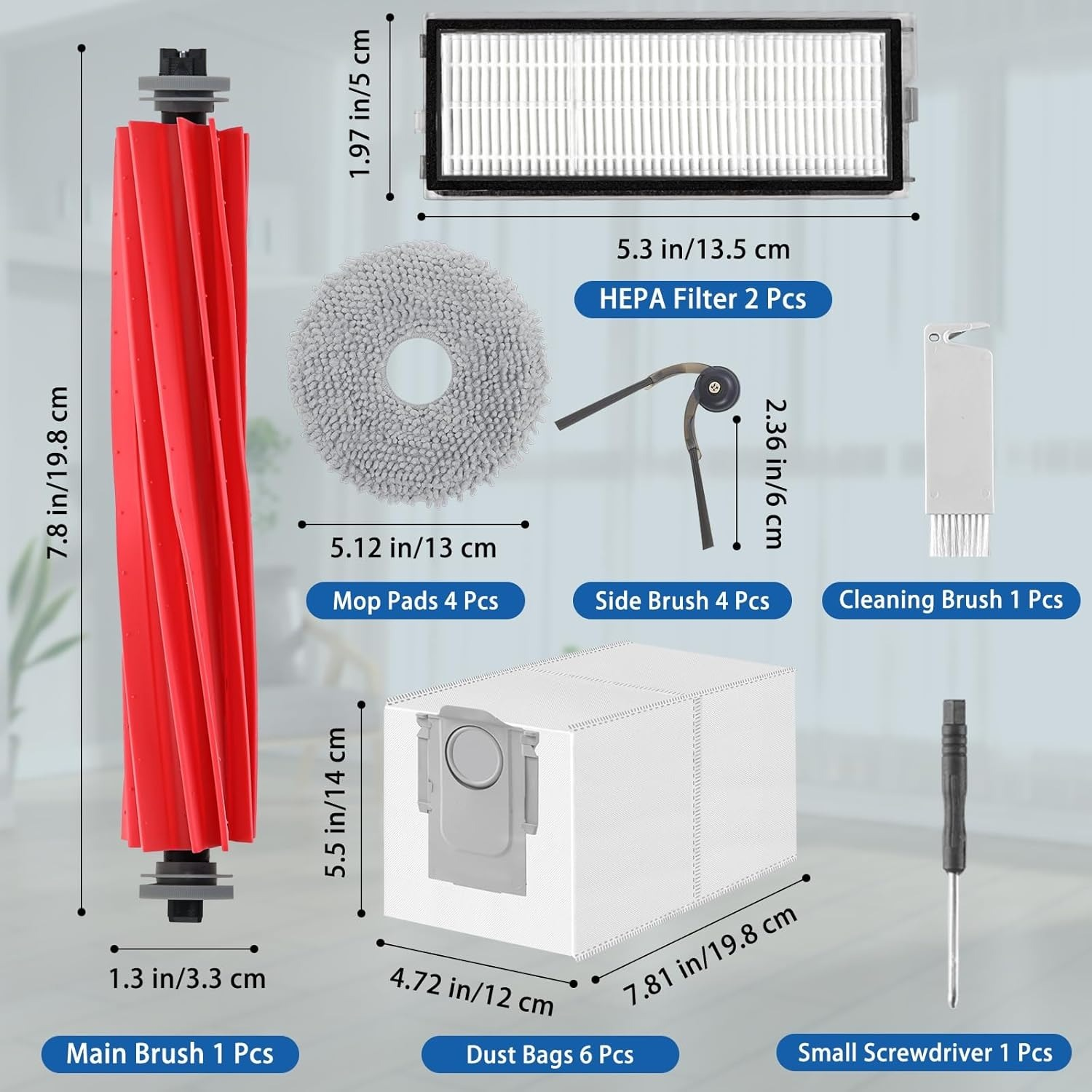 Reinigungszubehör: Rote Hauptbürste, graue Wischpads, HEPA-Filter, Seitenbürsten, Staubbeutel, Reinigungsbürste, Schraubendreher.