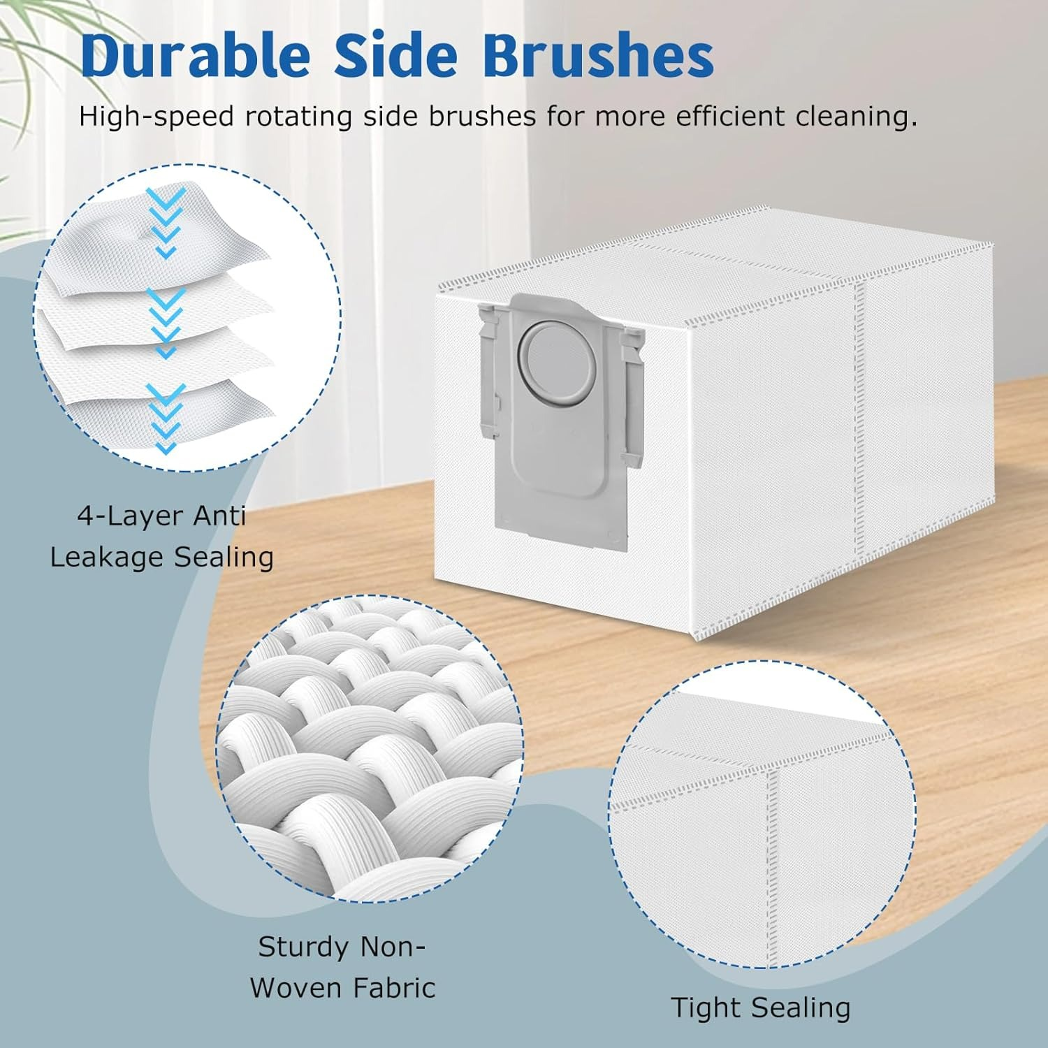 Biały worek na kurz z czterema widokami szczegółów: uszczelnienie 4-warstwowe, włóknina, szczelne.