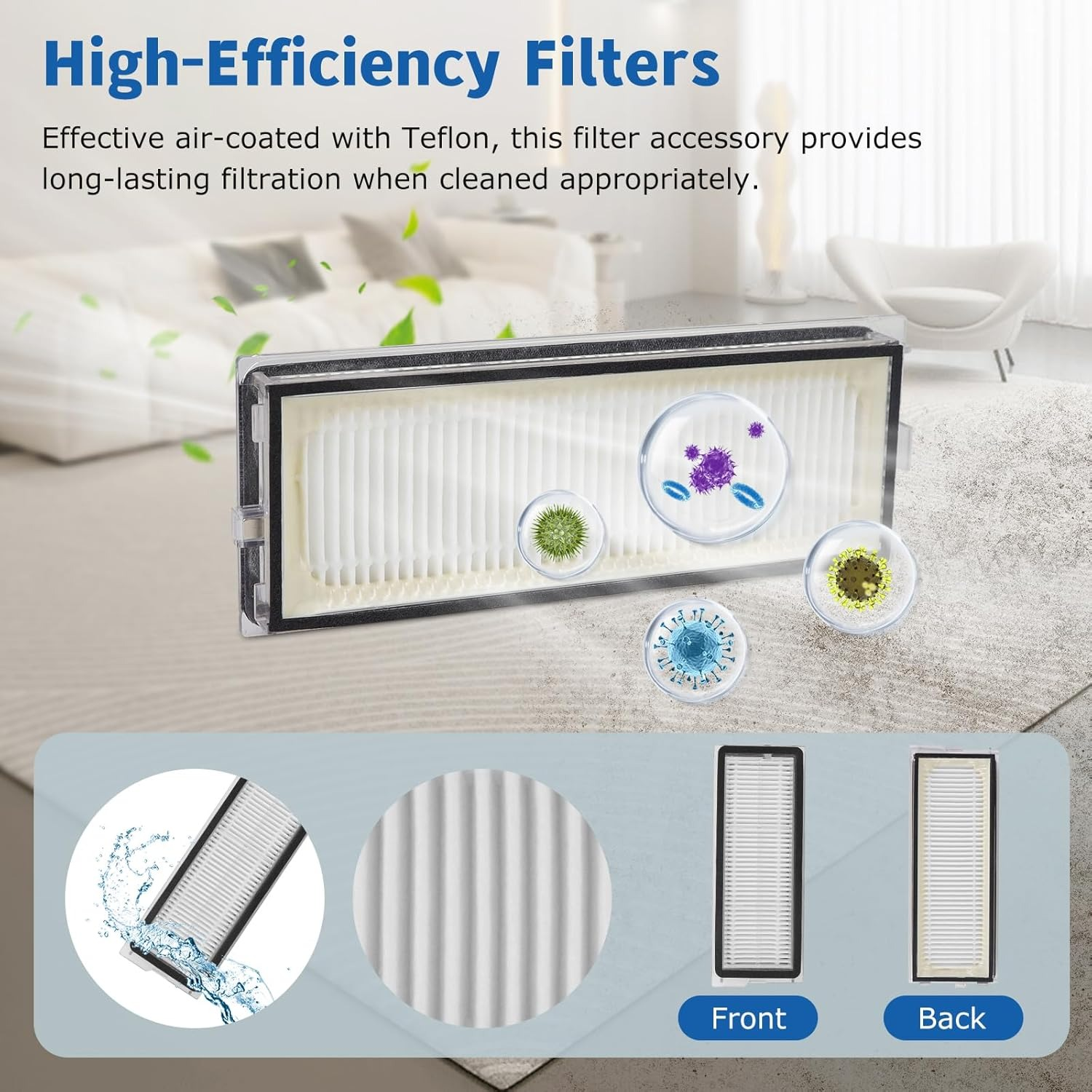 Biały filtr z czarnymi krawędziami, otoczony zielonymi liśćmi, mikrobami i rozpryskami wody, na jasnym tle.