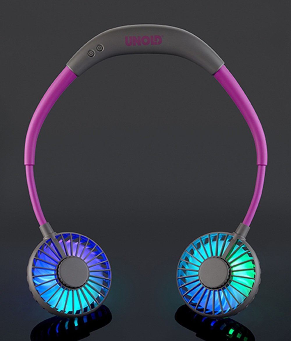 Wentylator na szyję z różową opaską i podświetlanymi wentylatorami.