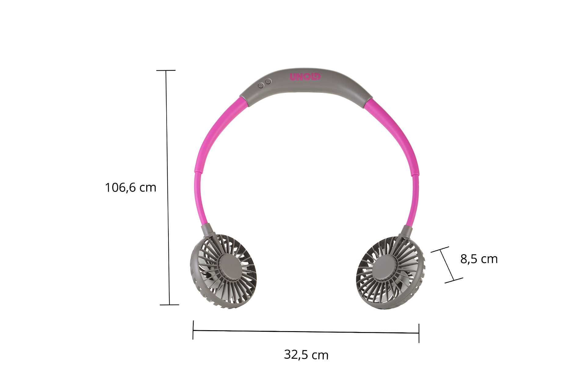Ein tragbarer Nackenventilator mit rosa Schläuchen und grauen Lüftern.
