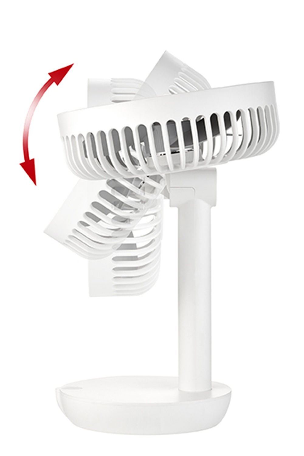 Ein weißer Ventilator mit roten Pfeilen, die eine Auf- und Abbewegung anzeigen.