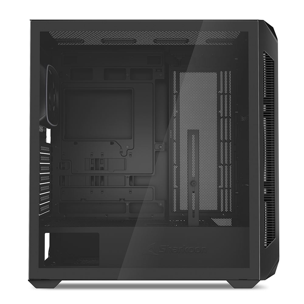 Un case per computer nero con finestra in vetro, logo Sharkoon.