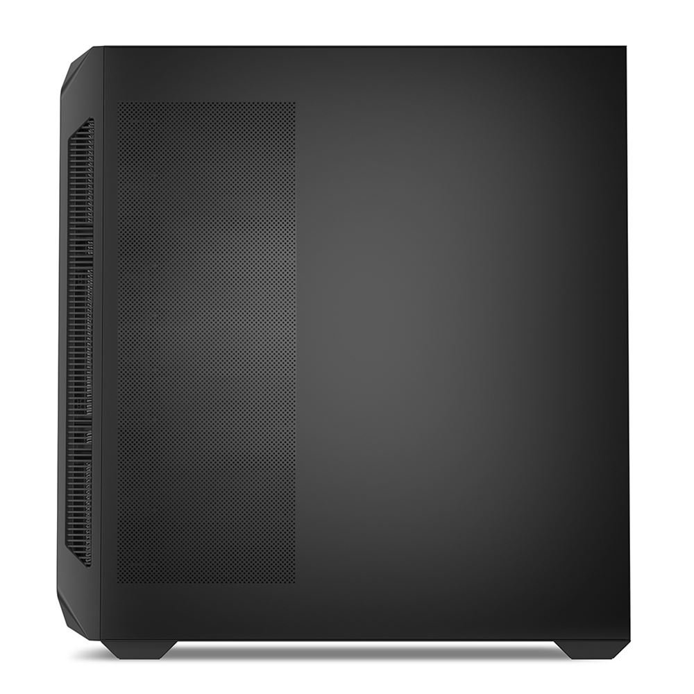 Un case per computer nero in verticale, con un pannello a rete perforato sul lato sinistro per la ventilazione, su sfondo bianco.