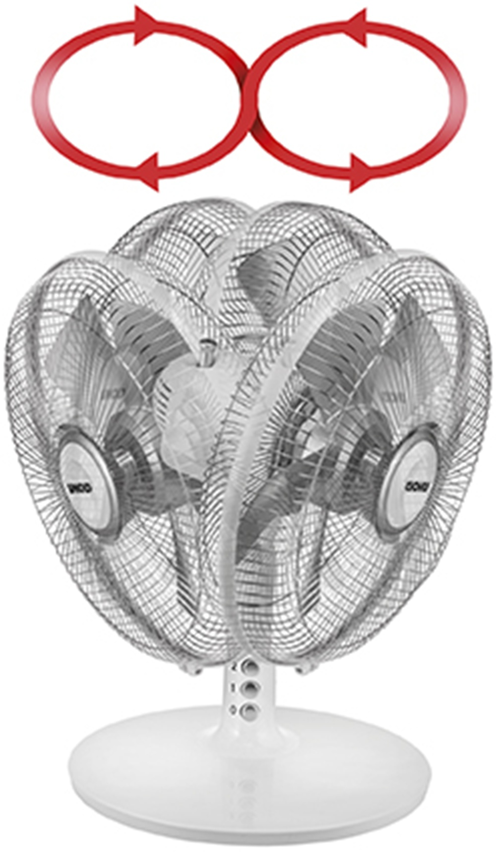 Okrągły wentylator z czerwonymi strzałkami wskazującymi cyrkulację powietrza.