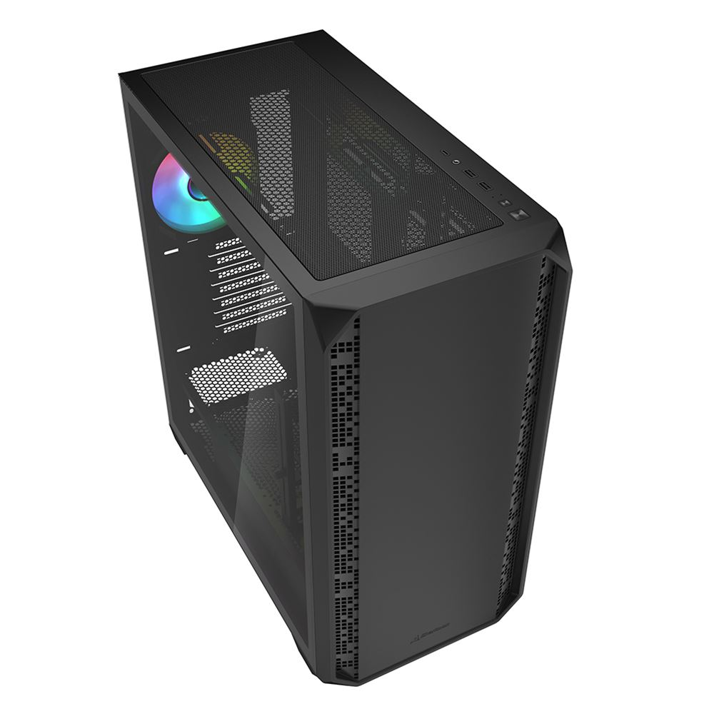 Case PC nero con pannello laterale in vetro e ventola RGB. Isolato su sfondo bianco.