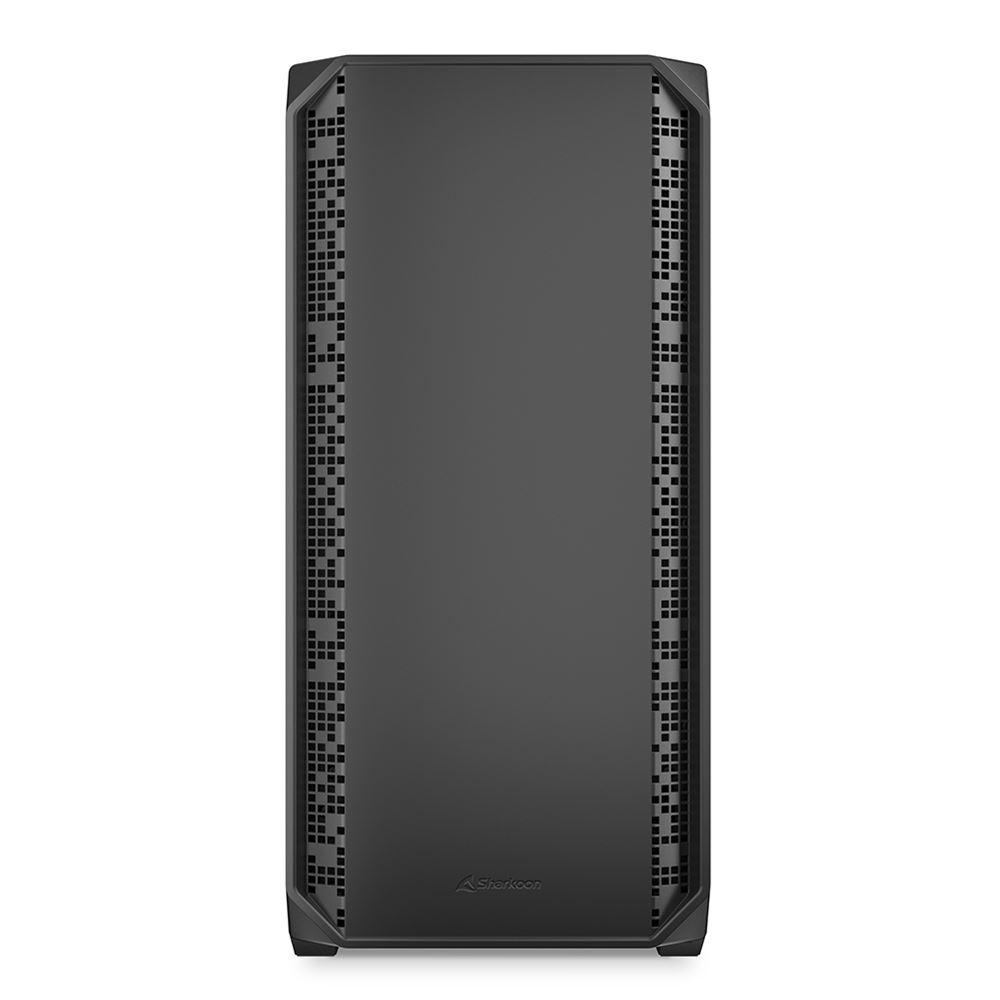 Case del computer nero con lati perforati e logo Sharkoon.