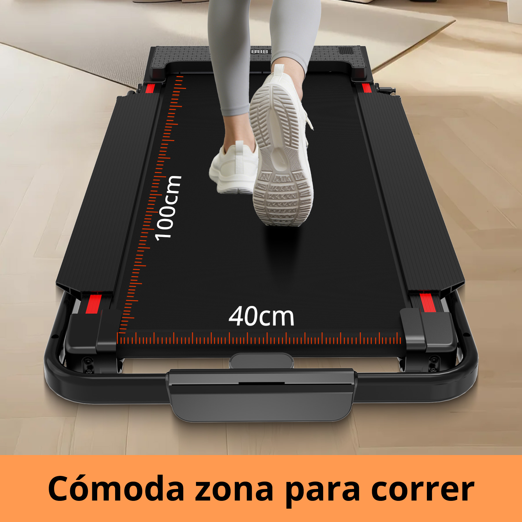 Persona en cinta, área de 100cm x 40cm. Pantalones grises, zapatos blancos.