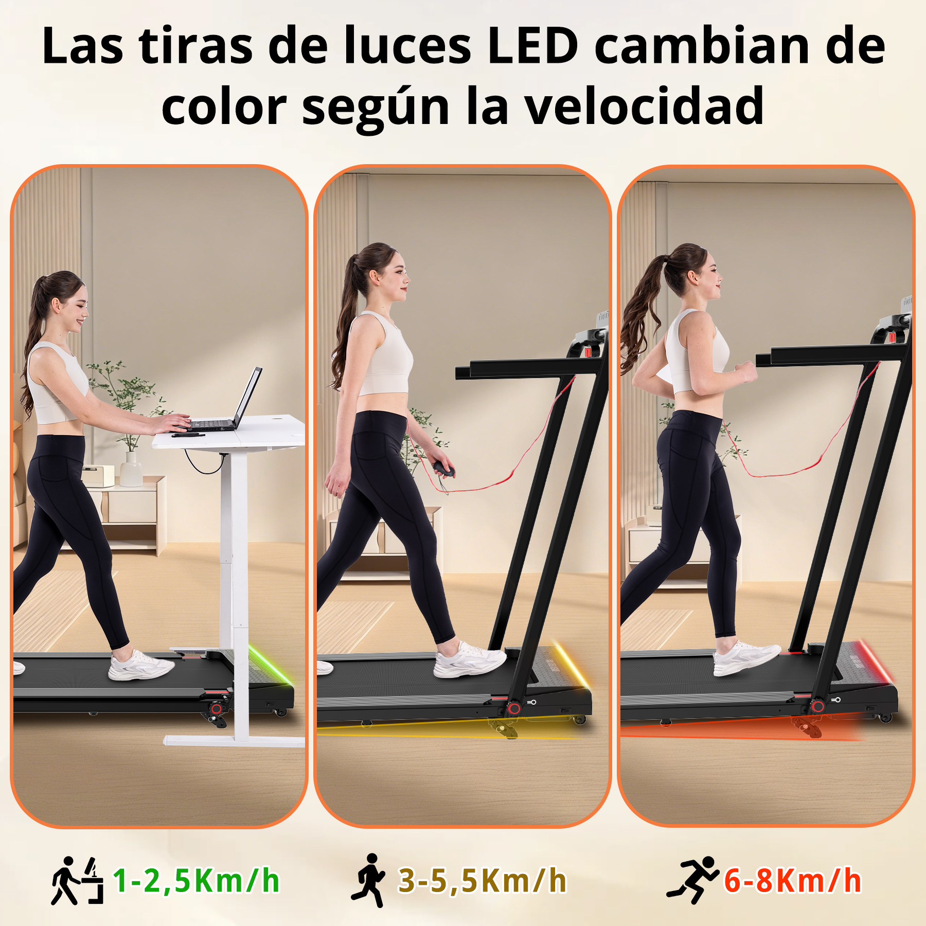 Mujer en cinta: caminata lenta (verde), caminata rápida (amarillo), carrera (rojo).