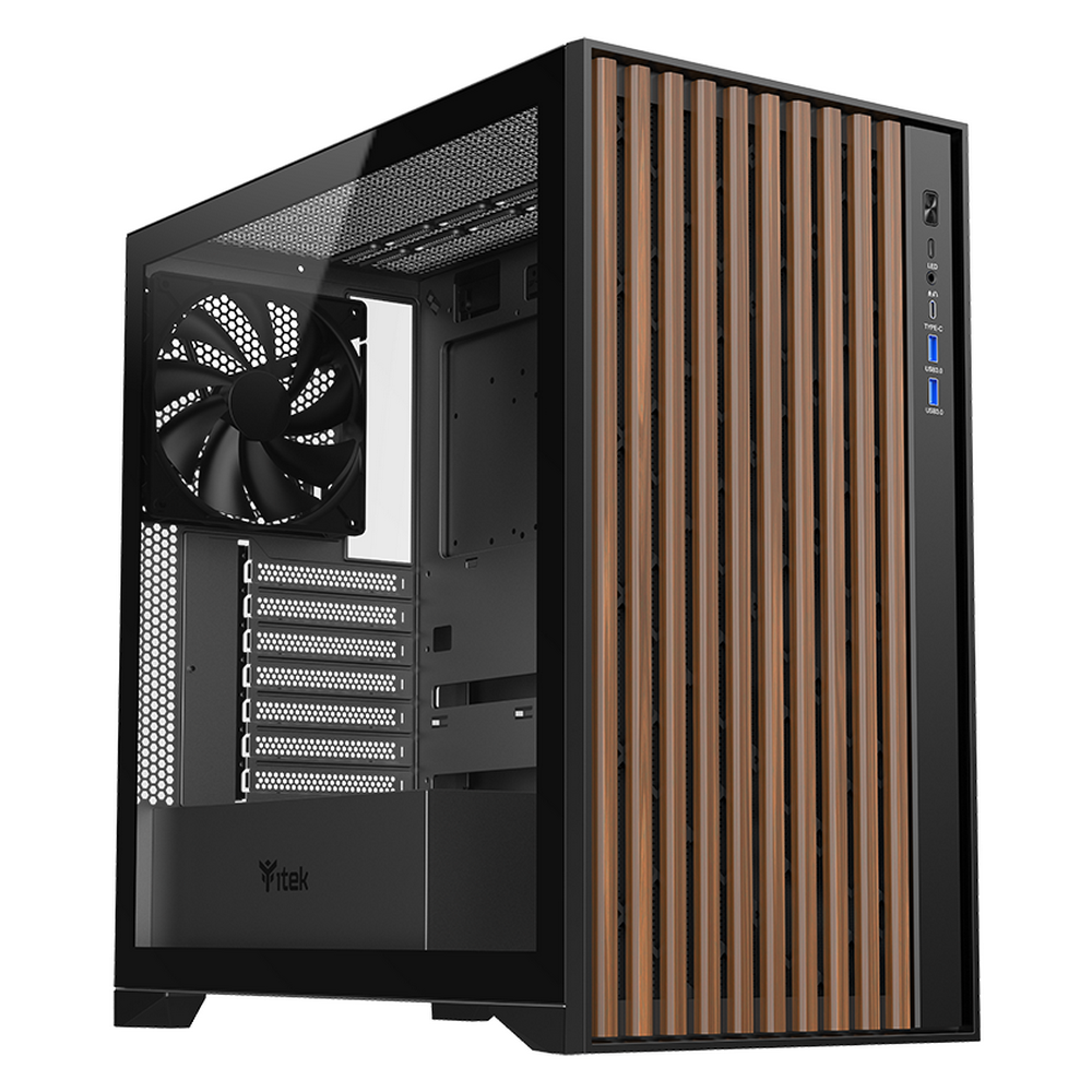 Un case per computer nero con un pannello laterale in vetro e un pannello frontale con lamelle di legno verticali.