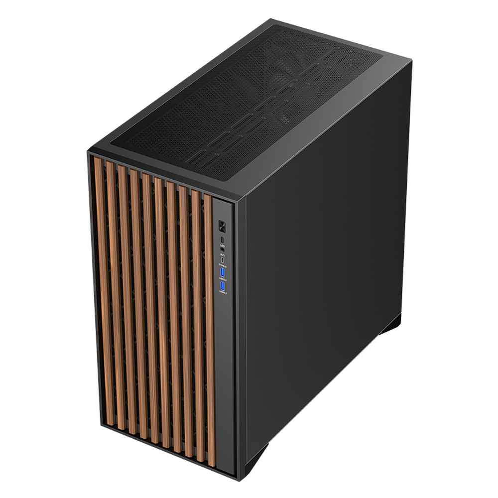 Un case per computer nero con pannello frontale a doghe in legno e pannello superiore a rete, con porte laterali.