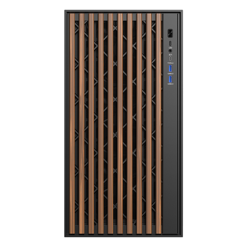 Case per computer nero con lamelle verticali in legno e porte laterali.