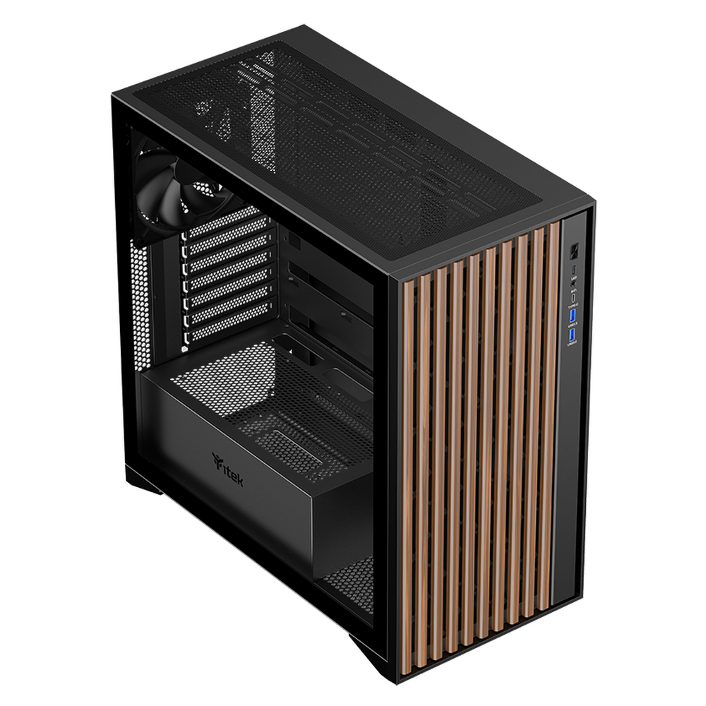 Case PC nero con pannelli frontali verticali in legno e porte USB.