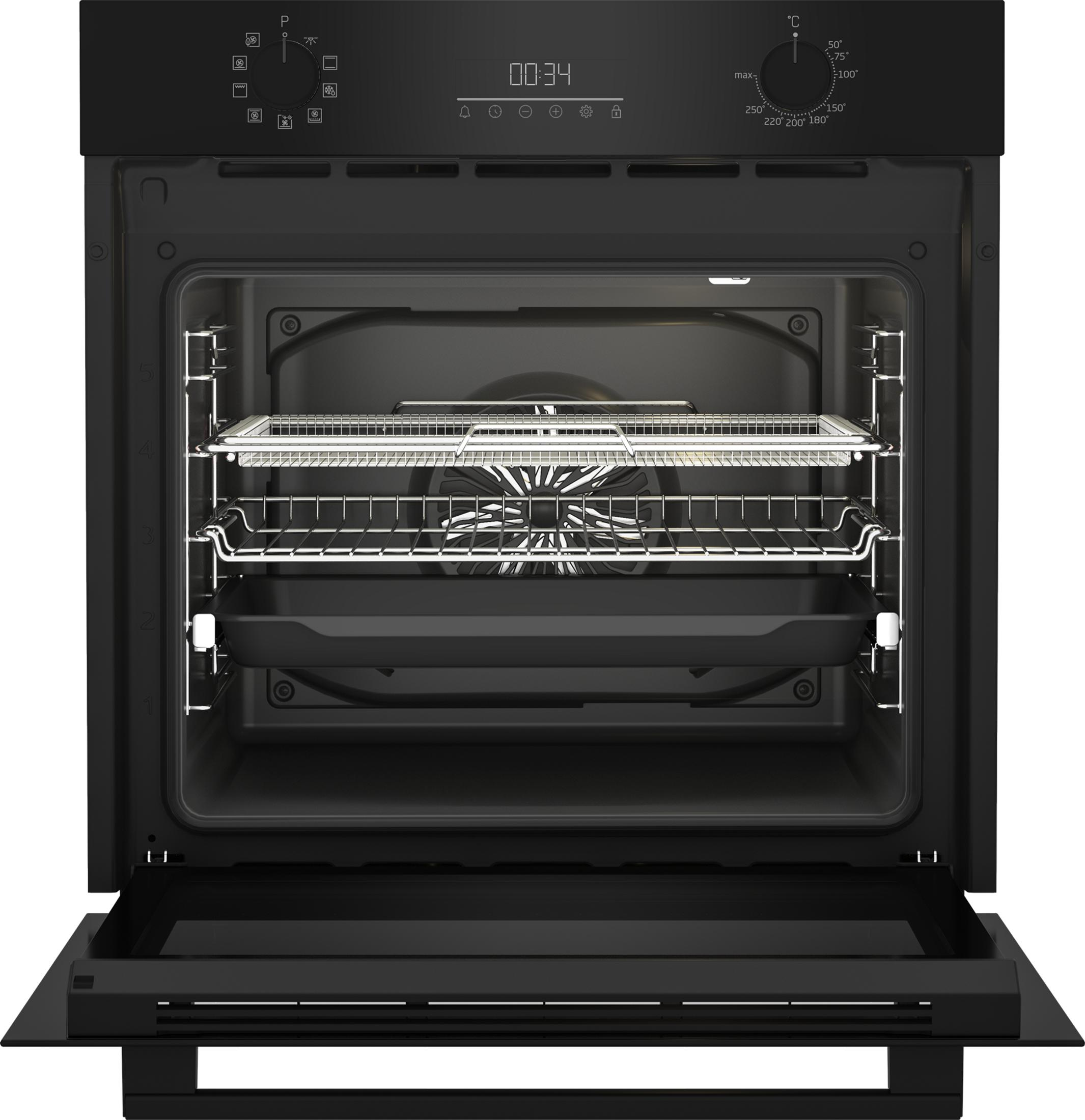 Un forno nero con la porta aperta, che mostra una griglia e una teglia.