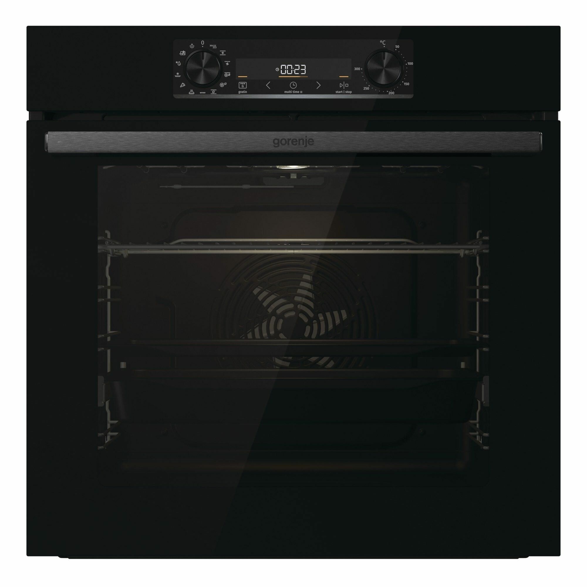 Un forno da incasso nero con display digitale e manopole.