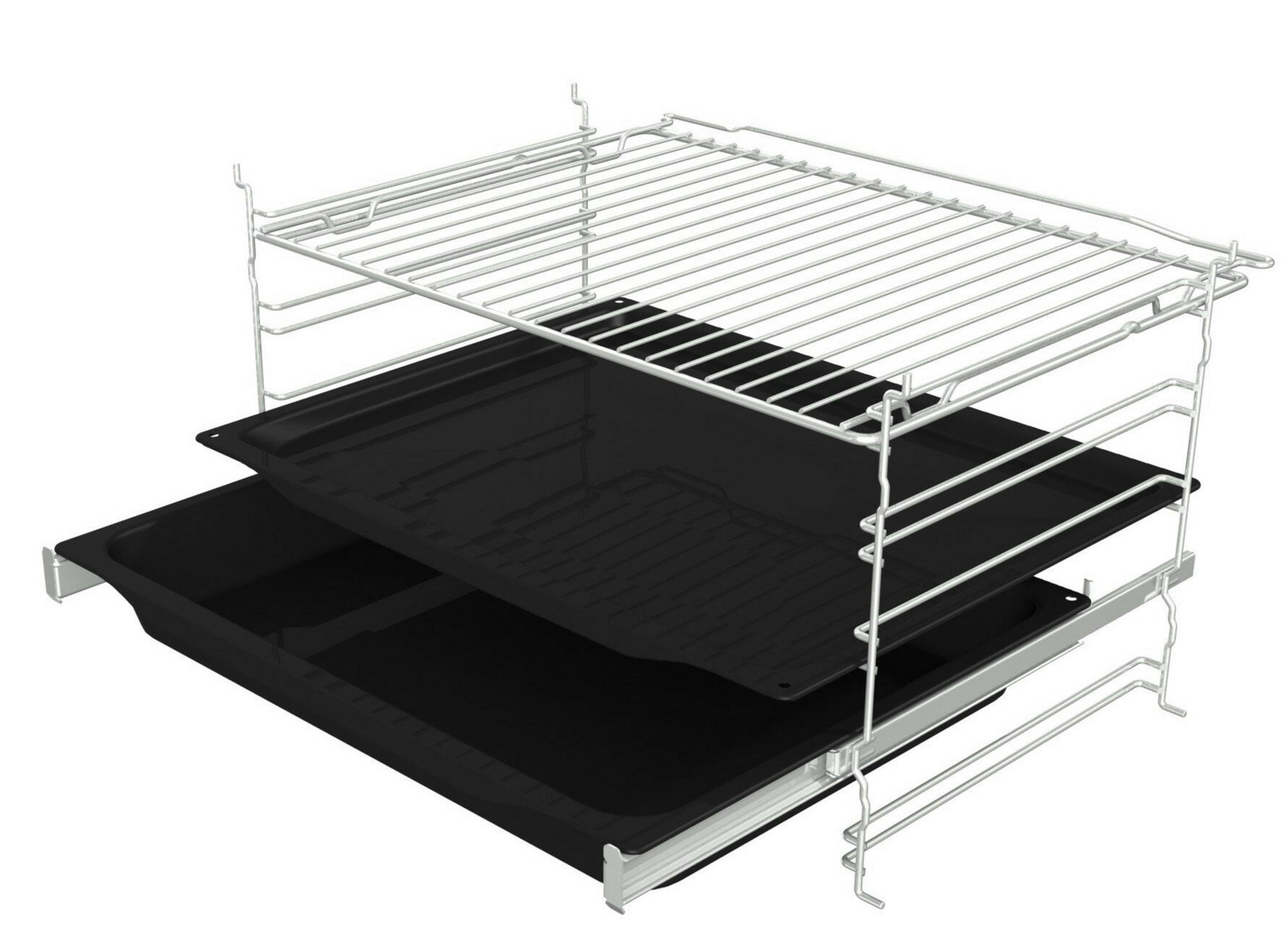 Una griglia da forno estraibile con due teglie nere.