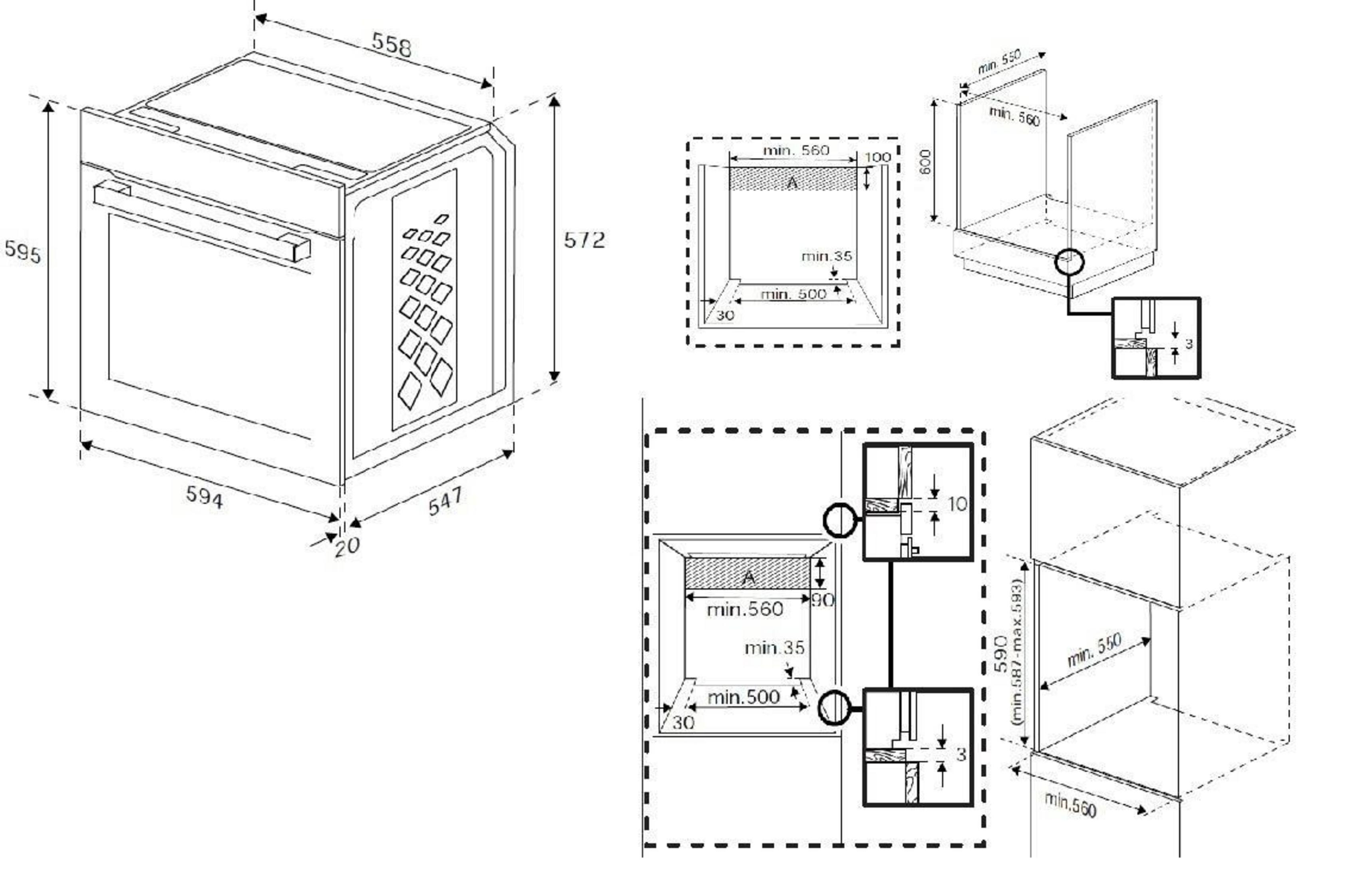 Rysunek techniczny piekarnika do zabudowy z wymiarami i detalami instalacji.