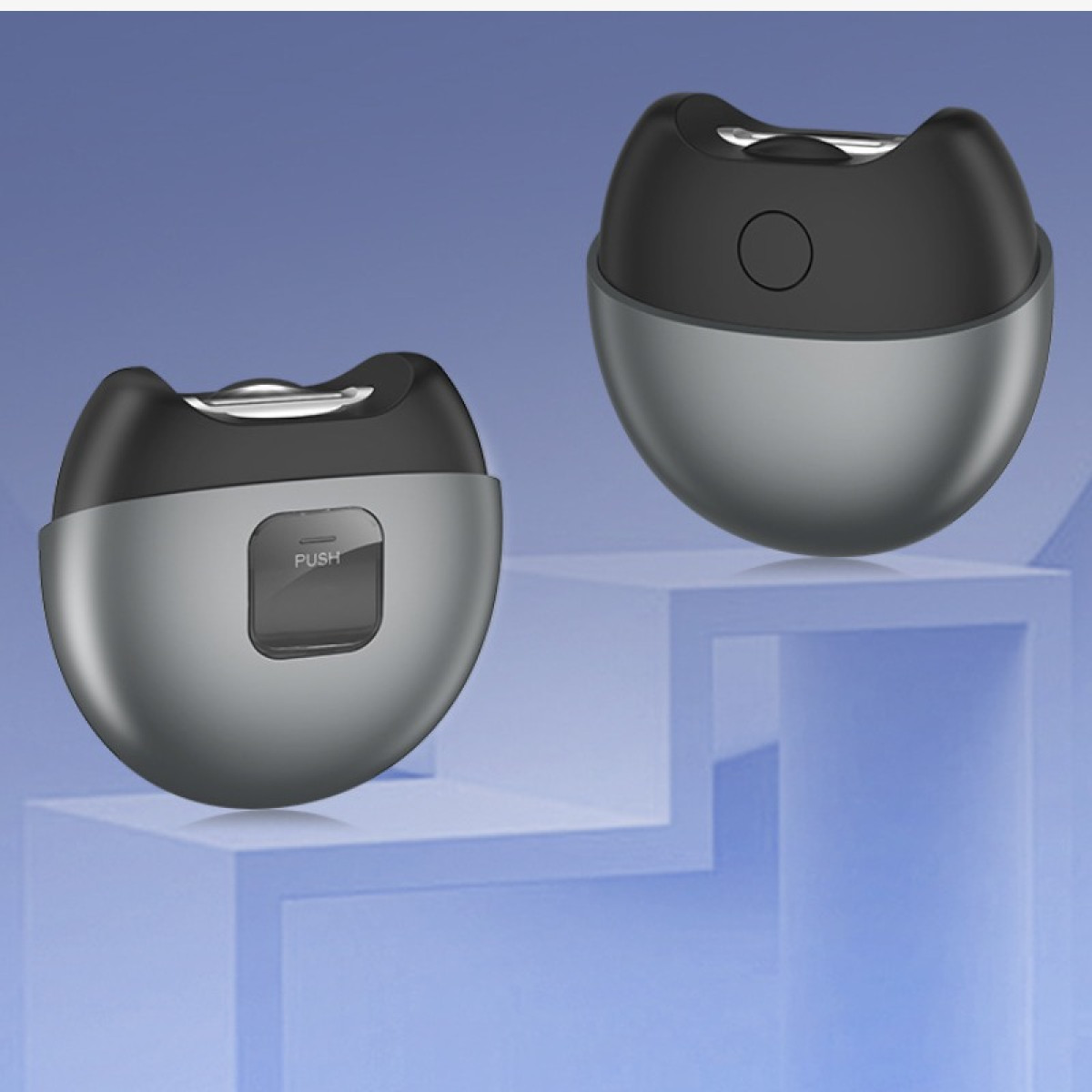 Dwa szare elektryczne obcinacze do paznokci na niebieskich postumentach.