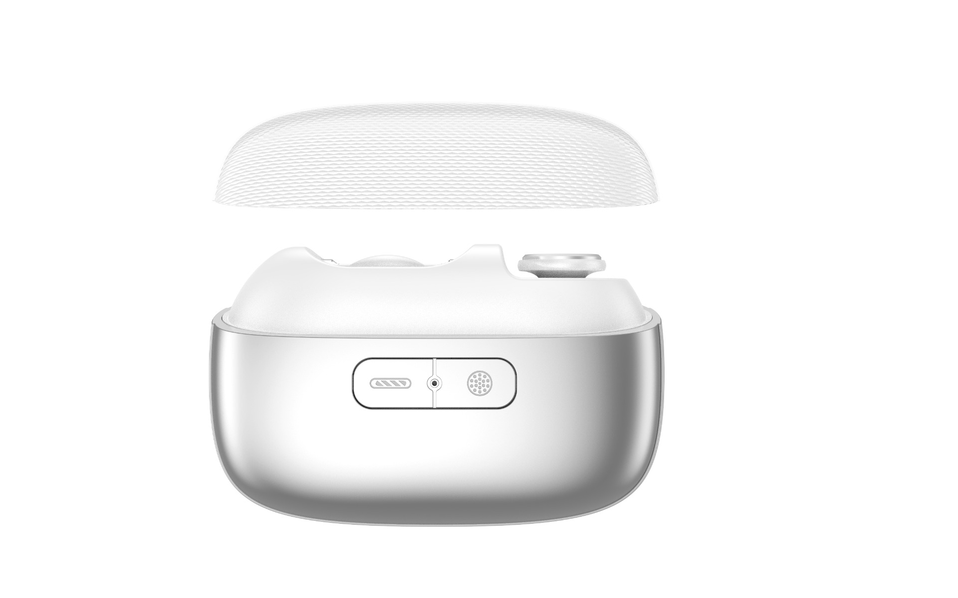 Biało-srebrne urządzenie, prawdopodobnie nawilżacz, z lekko uchyloną pokrywą, ukazujące wewnętrzne komponenty.