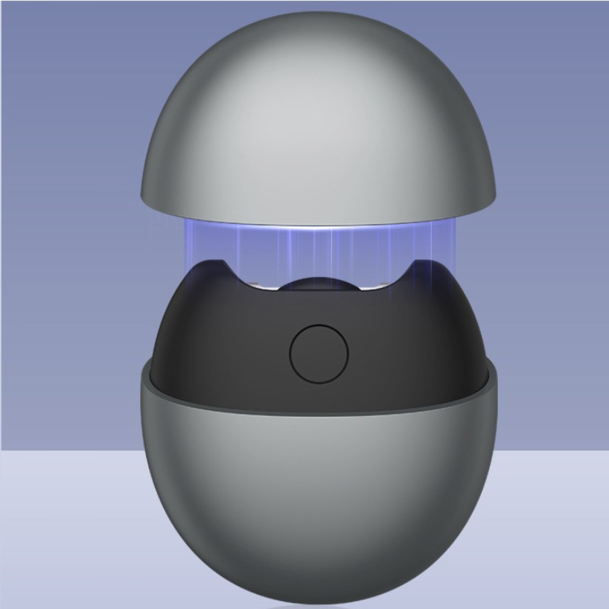 Szaro-czarne urządzenie w kształcie jajka z oddzieloną górną połową, emitujące niebieskie światło, na jasnoniebieskim tle.