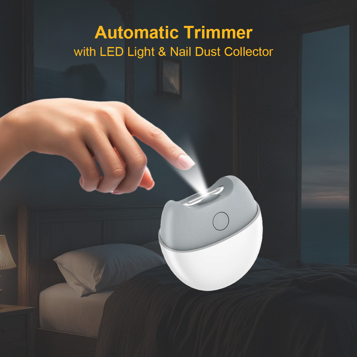 Dłoń dotyka automatycznej obcinaczki do paznokci z lampką LED na łóżku.