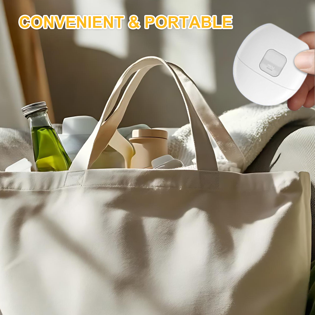 Biała torba z kosmetykami, ręka trzymająca małe białe urządzenie.