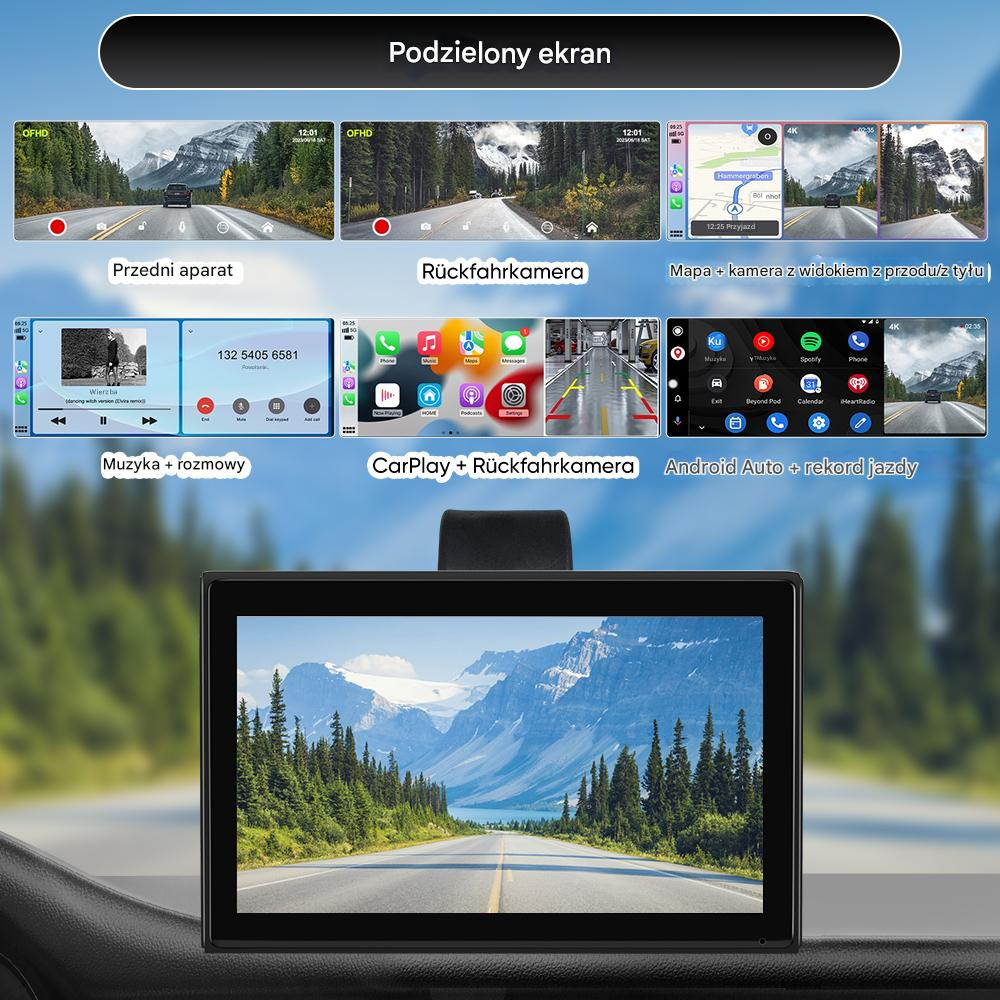 Podzielony ekran z aplikacjami samochodowymi: kamera przednia, cofania, mapa, muzyka, CarPlay, Android Auto.
