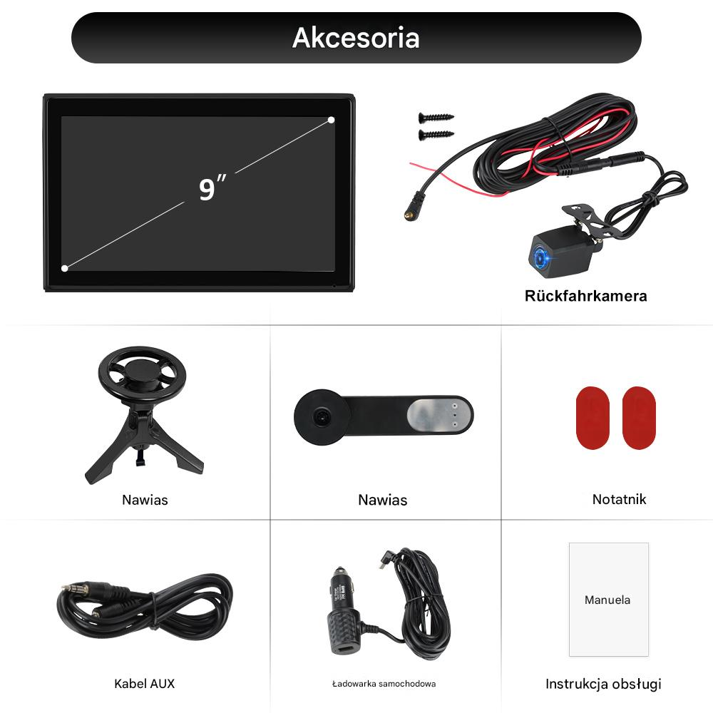 Ekran 9-calowy, kamera cofania, uchwyty, notatnik, kabel AUX, ładowarka, instrukcja.