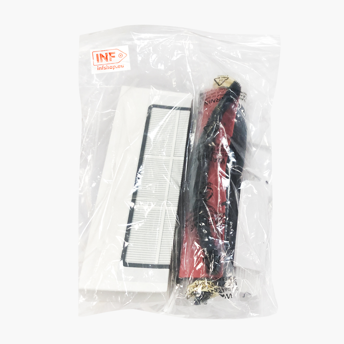 Filtr HEPA i szczotki w plastikowej torbie.