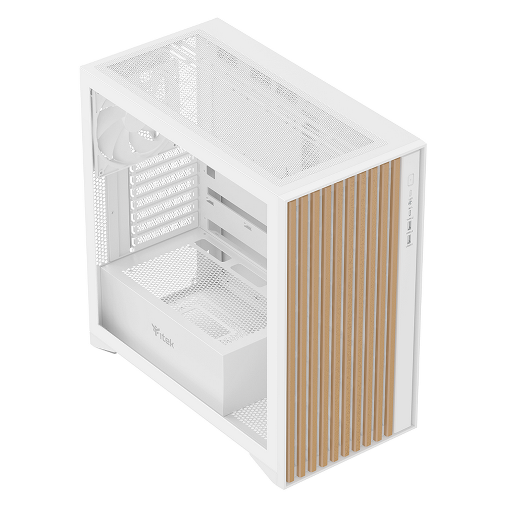 Un case per PC bianco con accenti in legno e ventola.