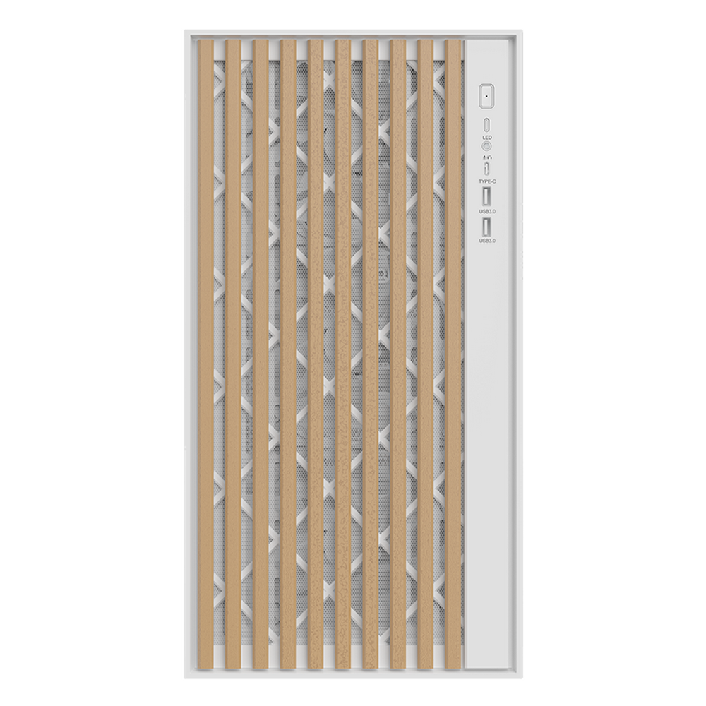 Case PC bianco con doghe in legno e porte sul lato.