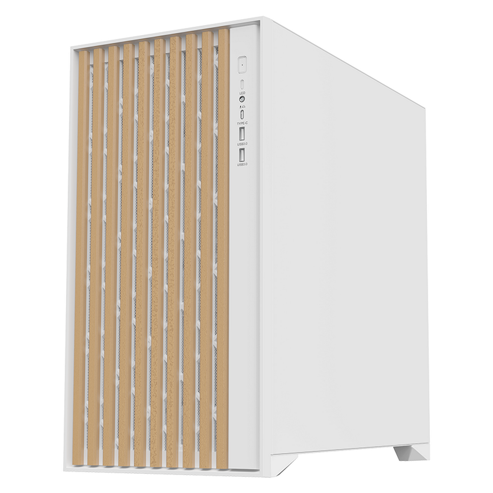 Un case per computer bianco con lamelle di legno verticali sul pannello frontale.