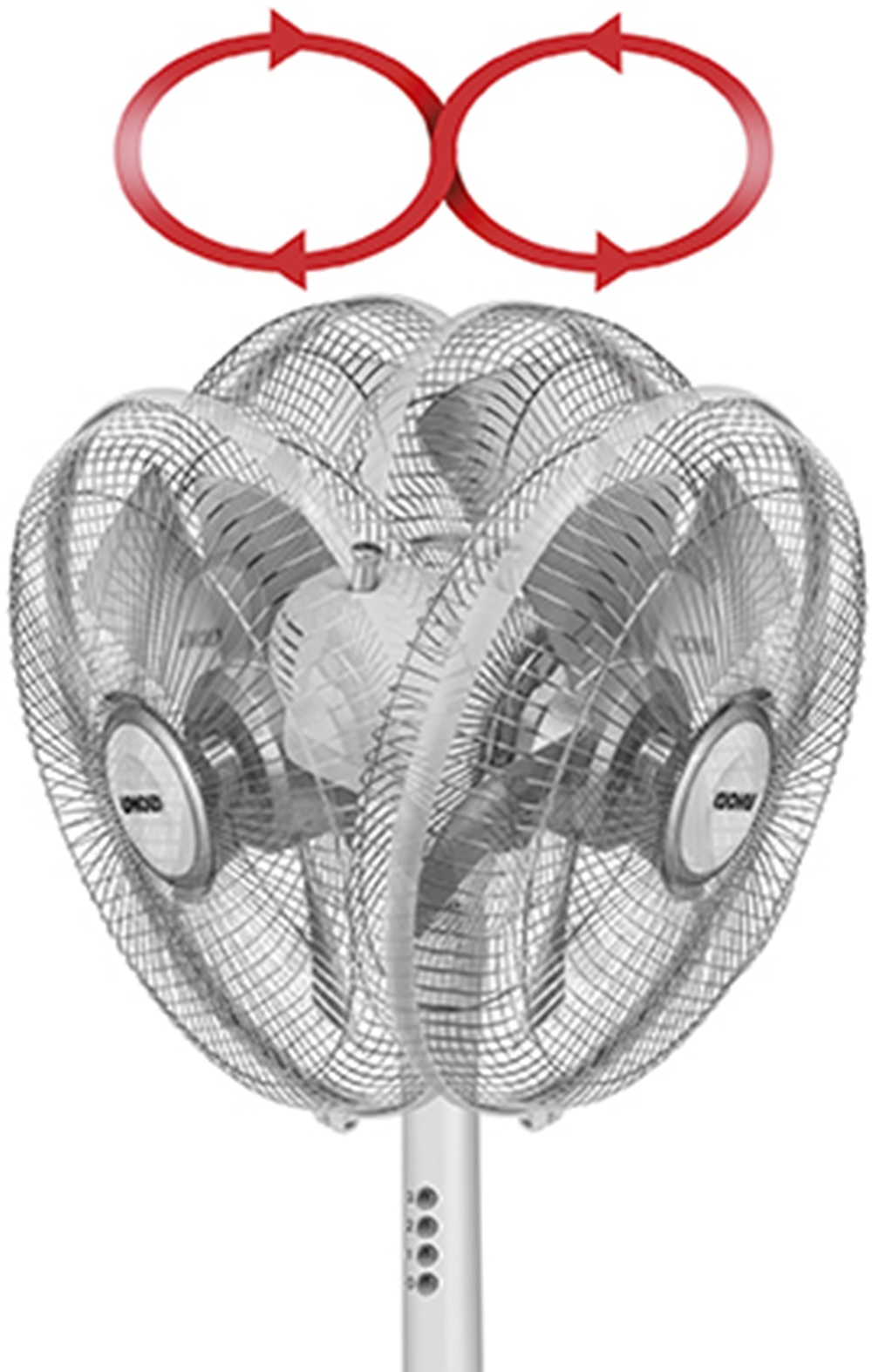 Okrągły wentylator wielogłowicowy z czerwonymi strzałkami wskazującymi cyrkulację powietrza.