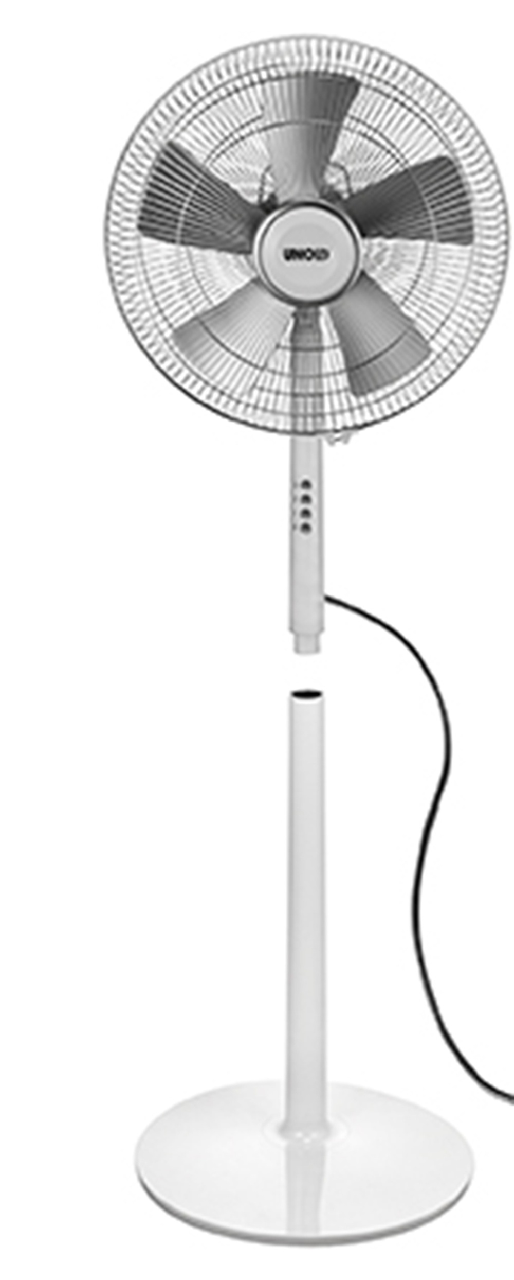Biały wentylator stojący z metalową kratką i pięcioma łopatkami.