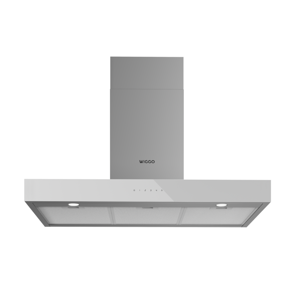 Hotte de cuisine WIGGO grise avec panneau tactile et lumières.